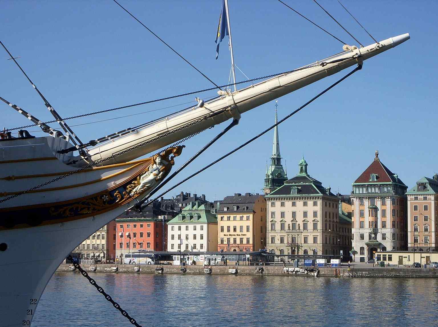 Af Chapman with Skeppsbron and Gamla stan in the background, a broad harbor view that places the quay in Stockholm’s central waterfront setting.