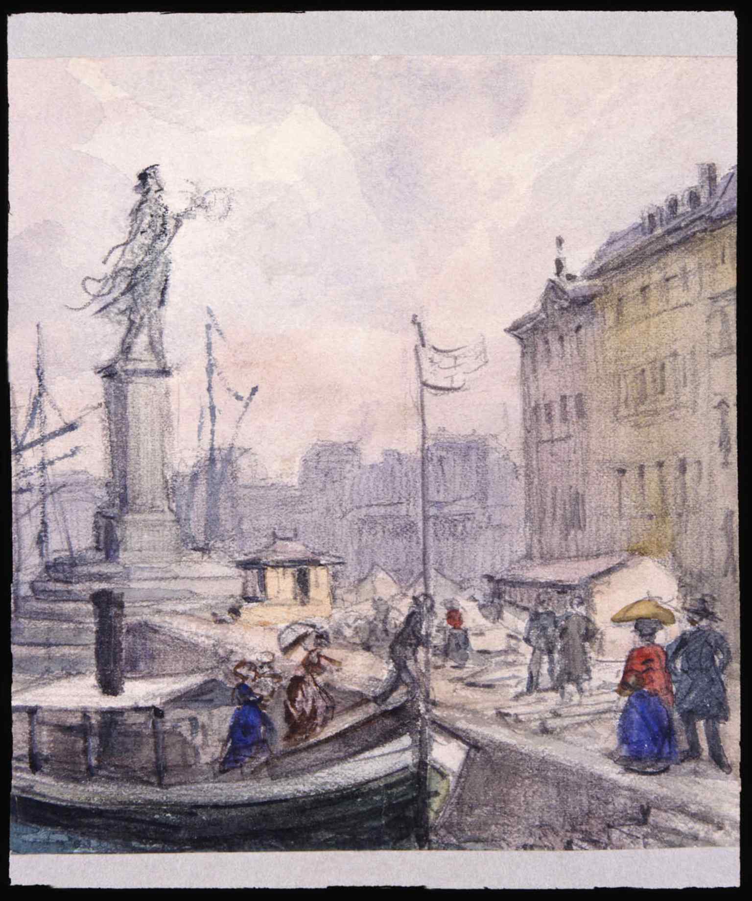 Fritz von Dardel’s watercolor shows fashionable pedestrians on Skeppsbron in the 1840s, when the quay was already both promenade and working harbor.