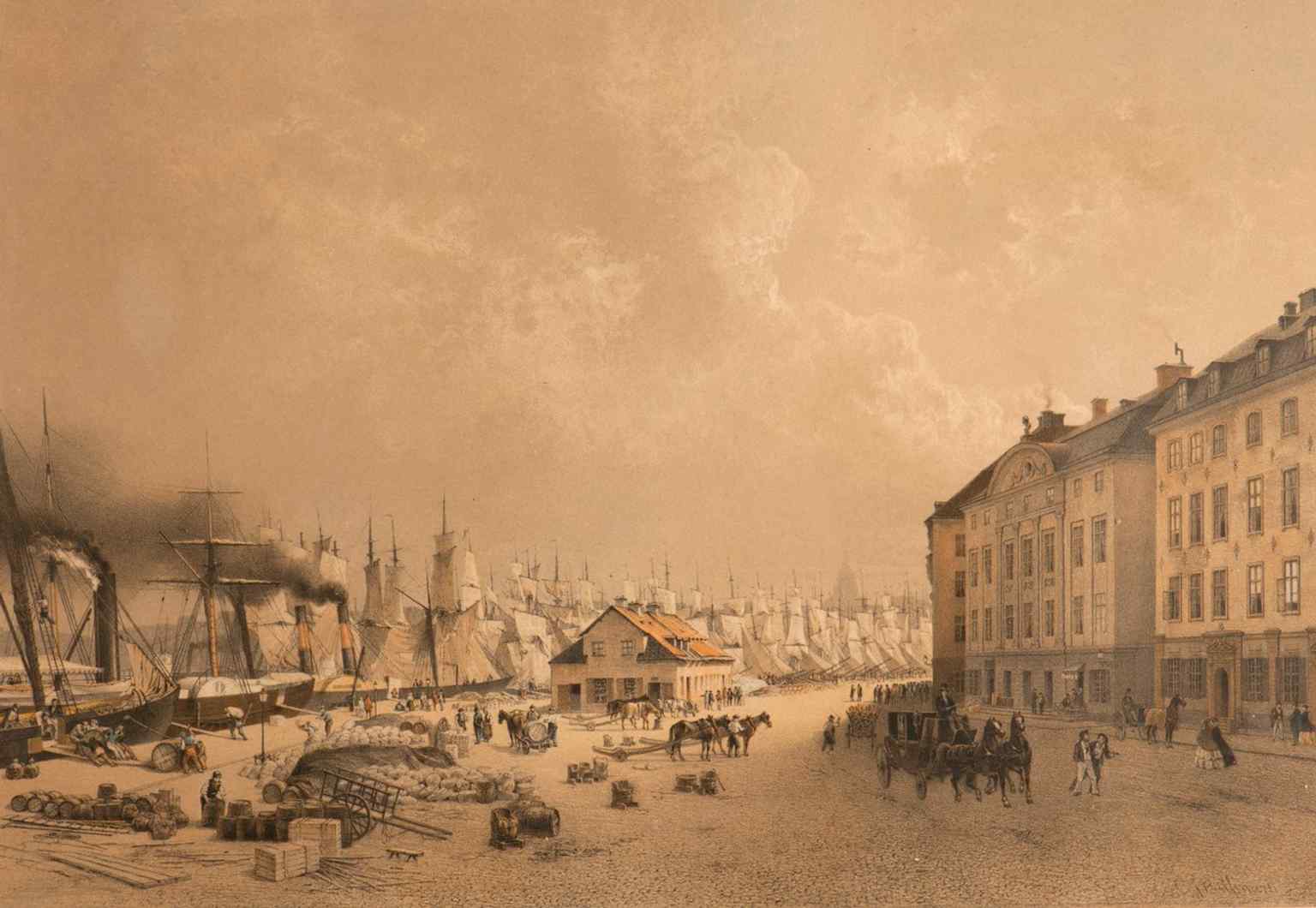 A 19th-century view of mid-Skeppsbron with ships at the quay, capturing the busy harbor scene that once made Stockholm’s east waterfront so important.