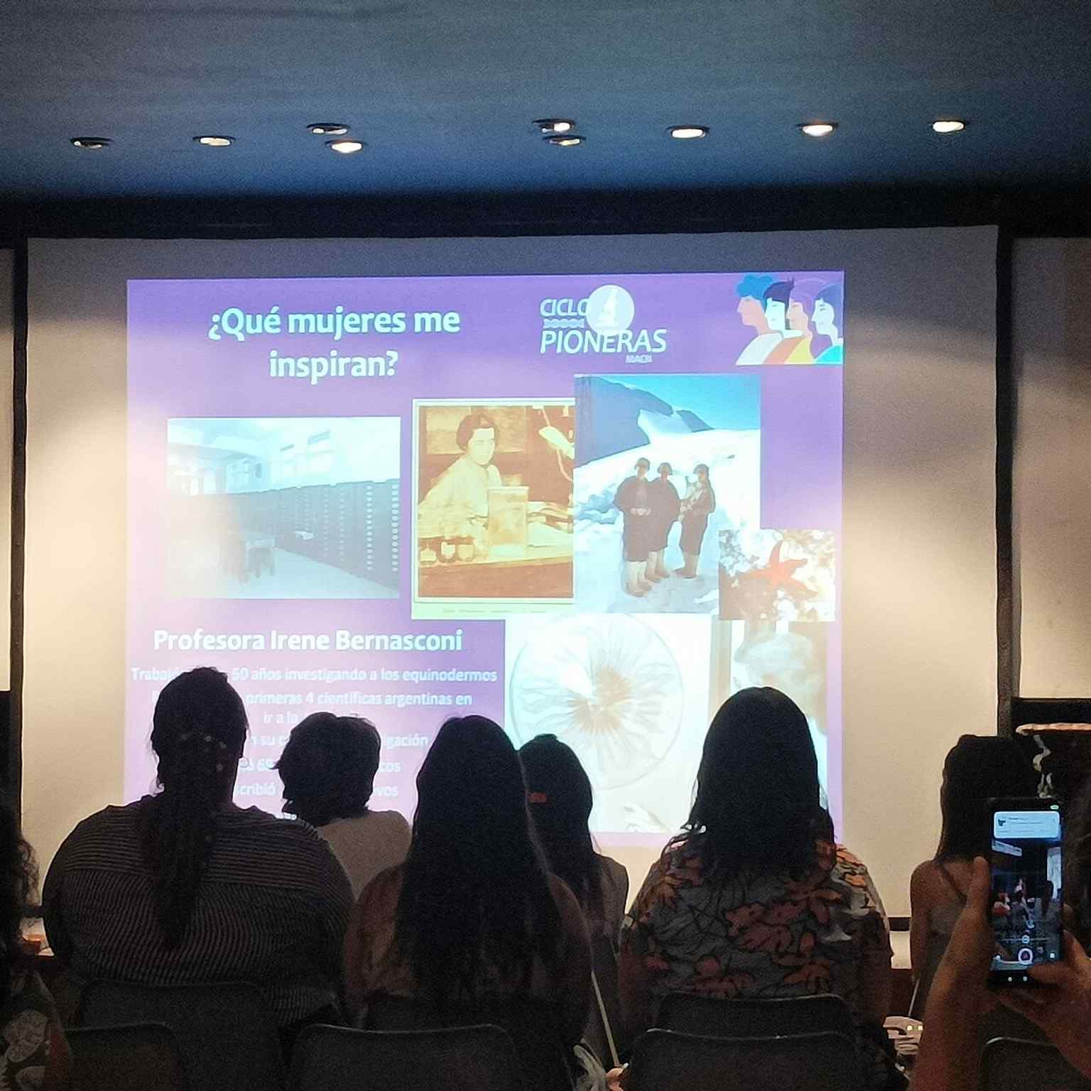 Visitors engage with presentations about figures like Irene Bernasconi, one of 'Las Cuatro de Melchior' who pioneered scientific expeditions to Antarctica.