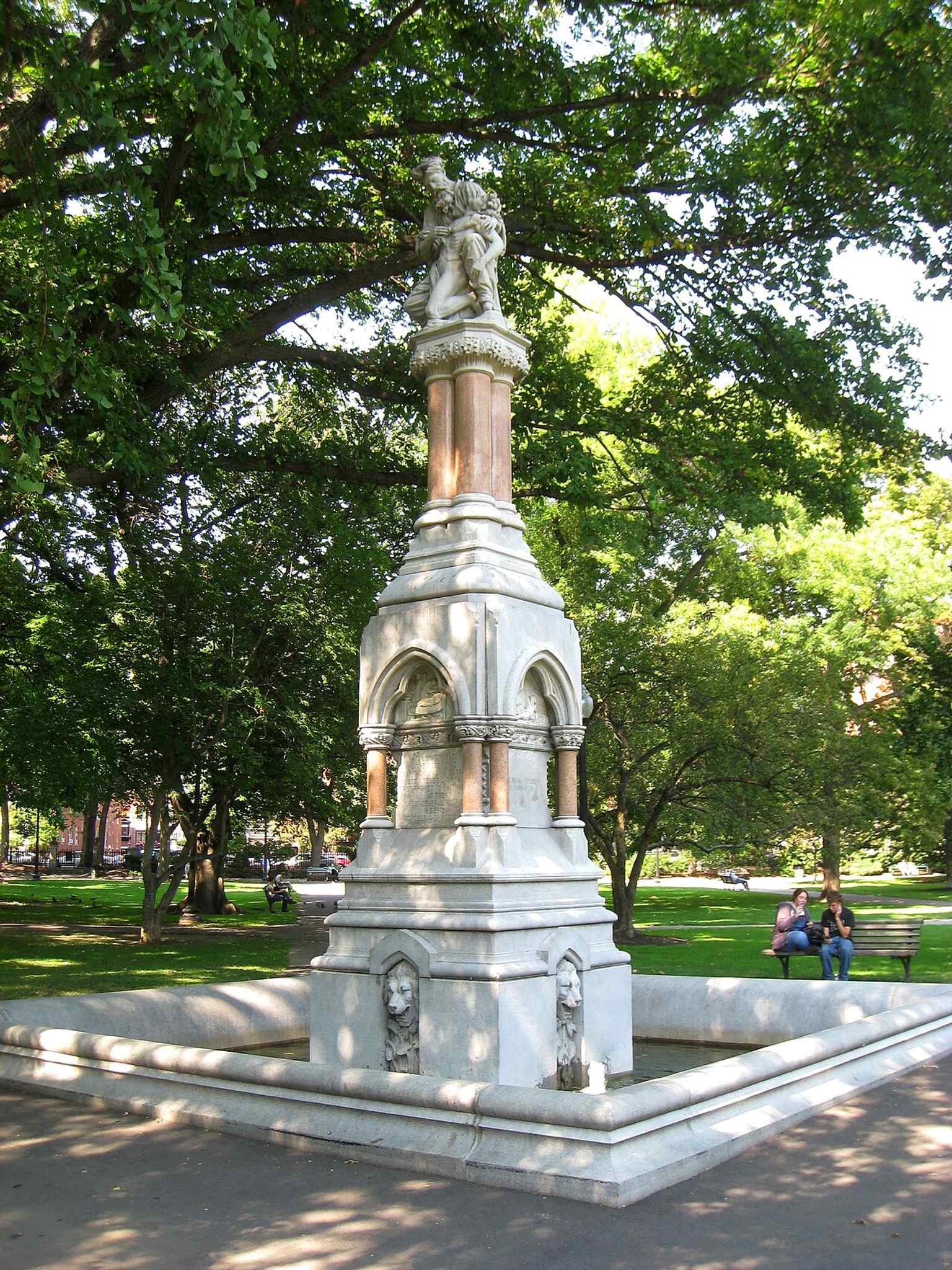 The Ether Monument honors the first public use of ether as an anesthetic and is the garden’s oldest monument.