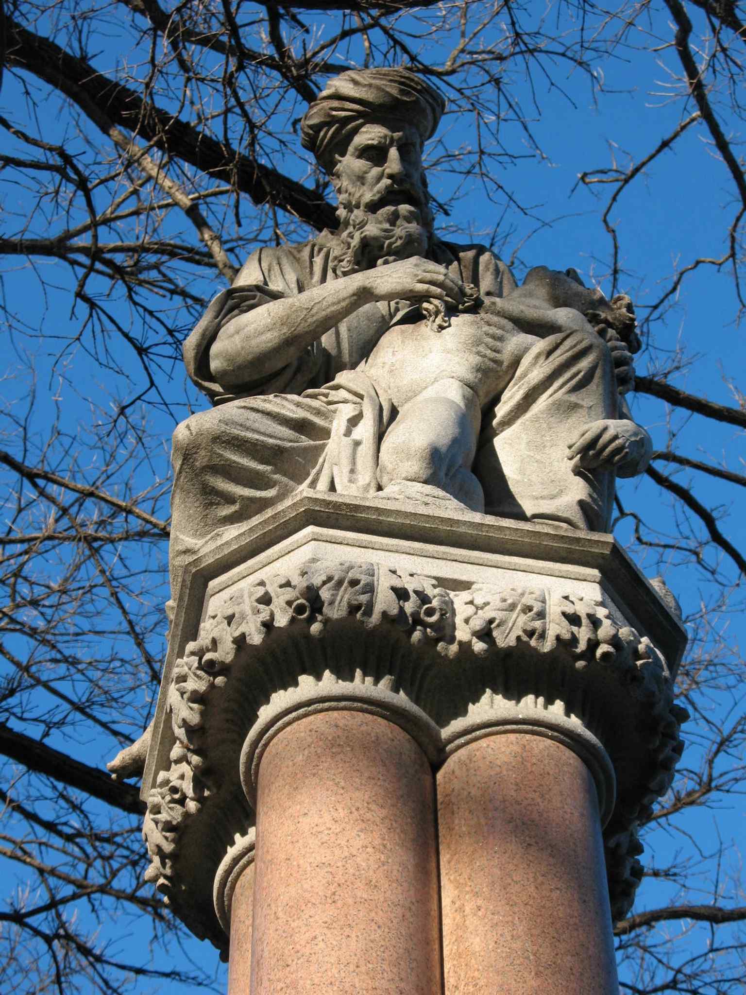 Close view of the Ether Monument’s Good Samaritan relief, one of the Public Garden’s most important 19th-century sculptures.