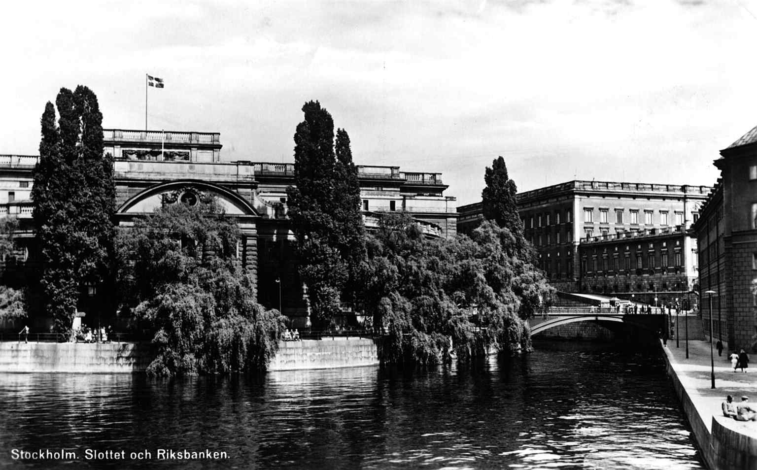 A 1950s postcard of Stockholm showing the palace and the old Riksbanken context, helping place the Riksdag area in its historic city setting.