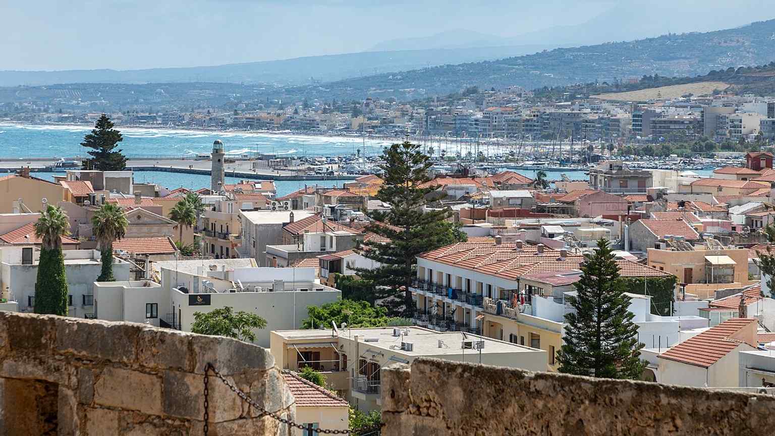 A panoramic view of Rethymno city from the Fortezza, built by the Venetians in the 16th century to protect the settlement below.