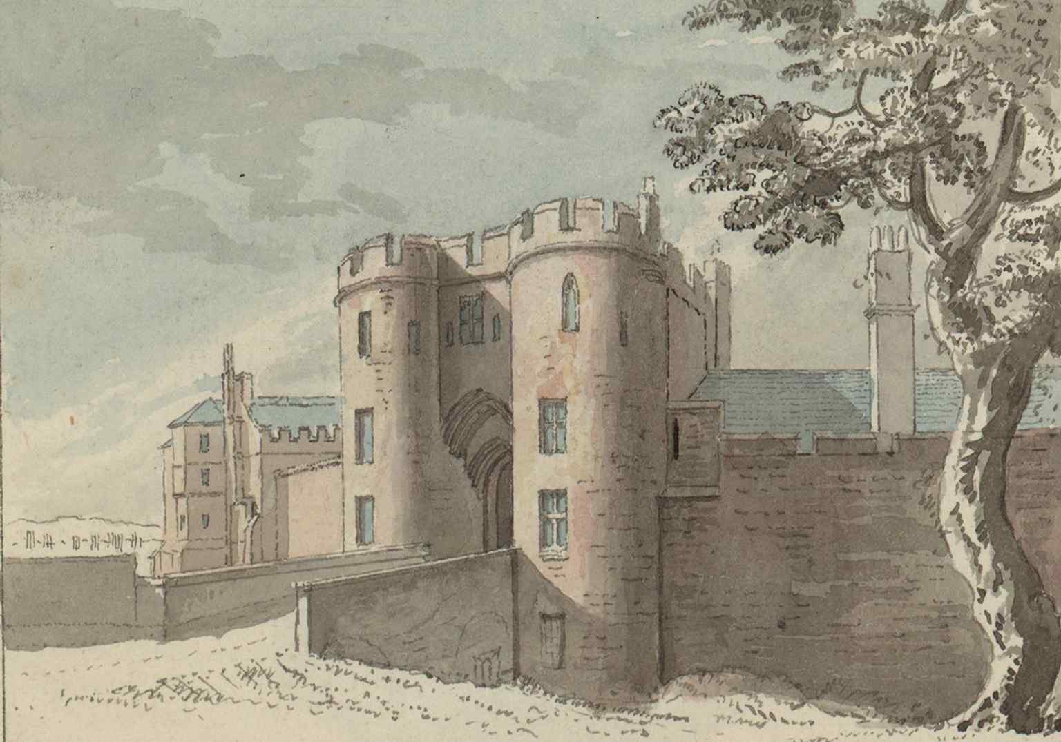 An old view of the castle gate, echoing the fortified entrances that once controlled access to the outer bailey.