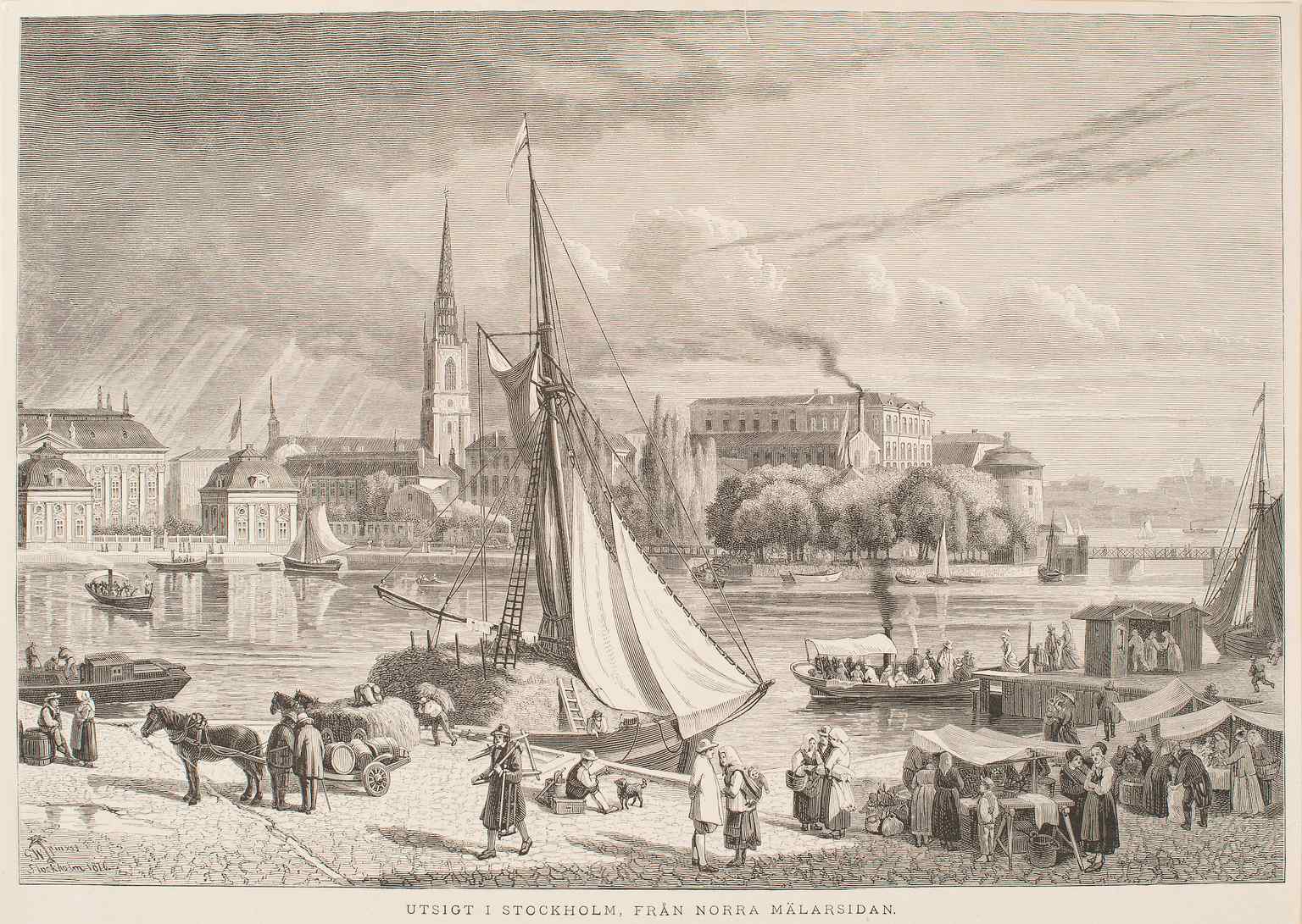 An 1876 print depicting the Riddarhuspalatset from the water, recalling its early construction in 1641 when excavated earth was transported "to sea" to fill the surrounding harbor.