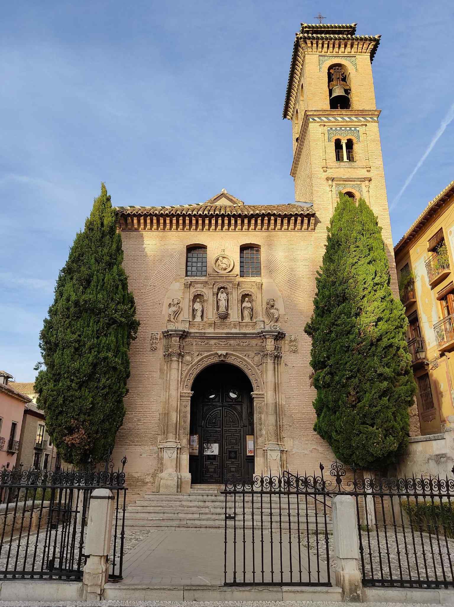 A general view of the Church of Santa Ana, a Mudejar temple located on the left bank of the Darro river, at the foot of the Alhambra.