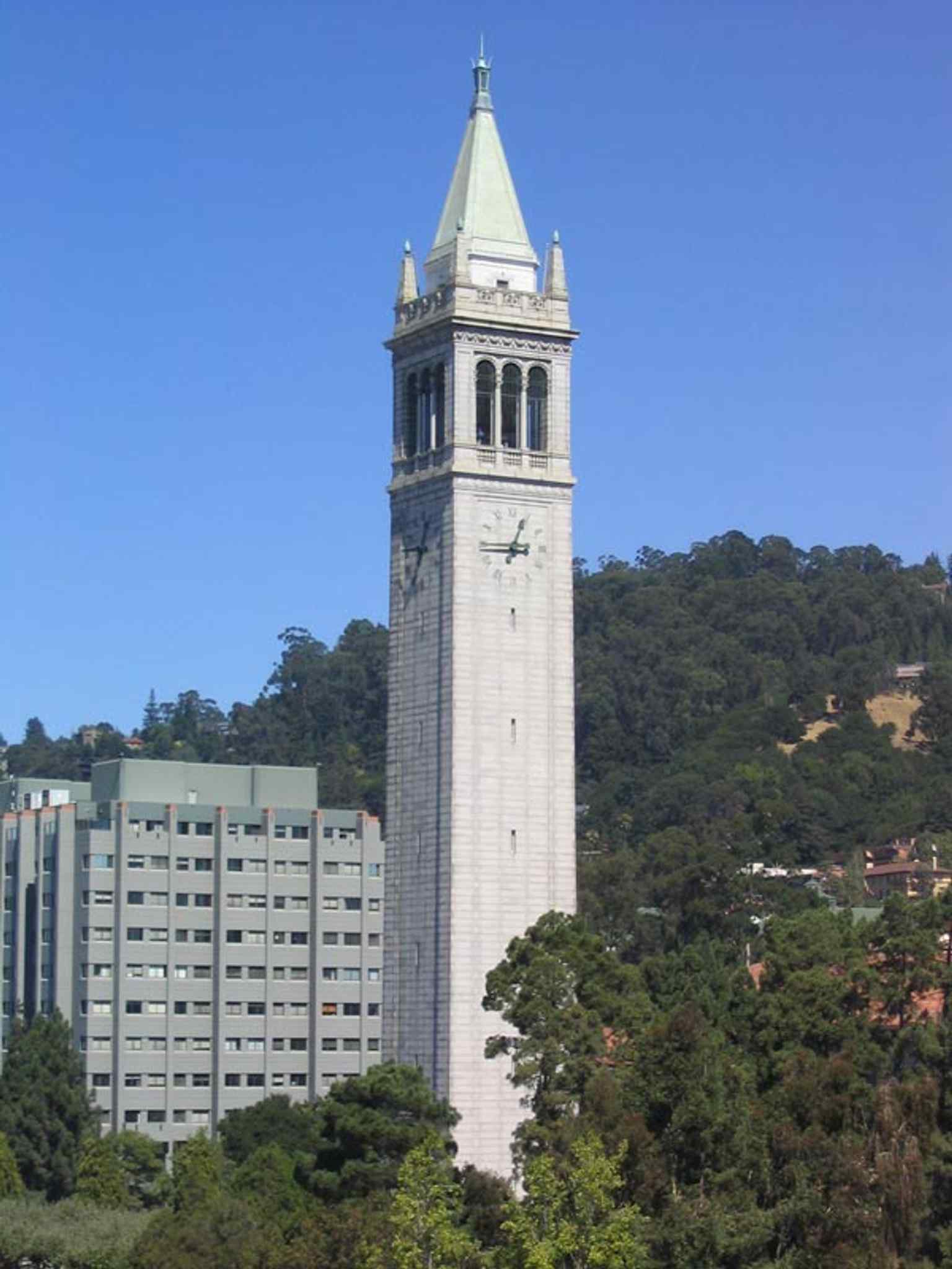 A classic campus view from 2003, with Evans Hall behind the Campanile and the tower anchoring Berkeley’s skyline.