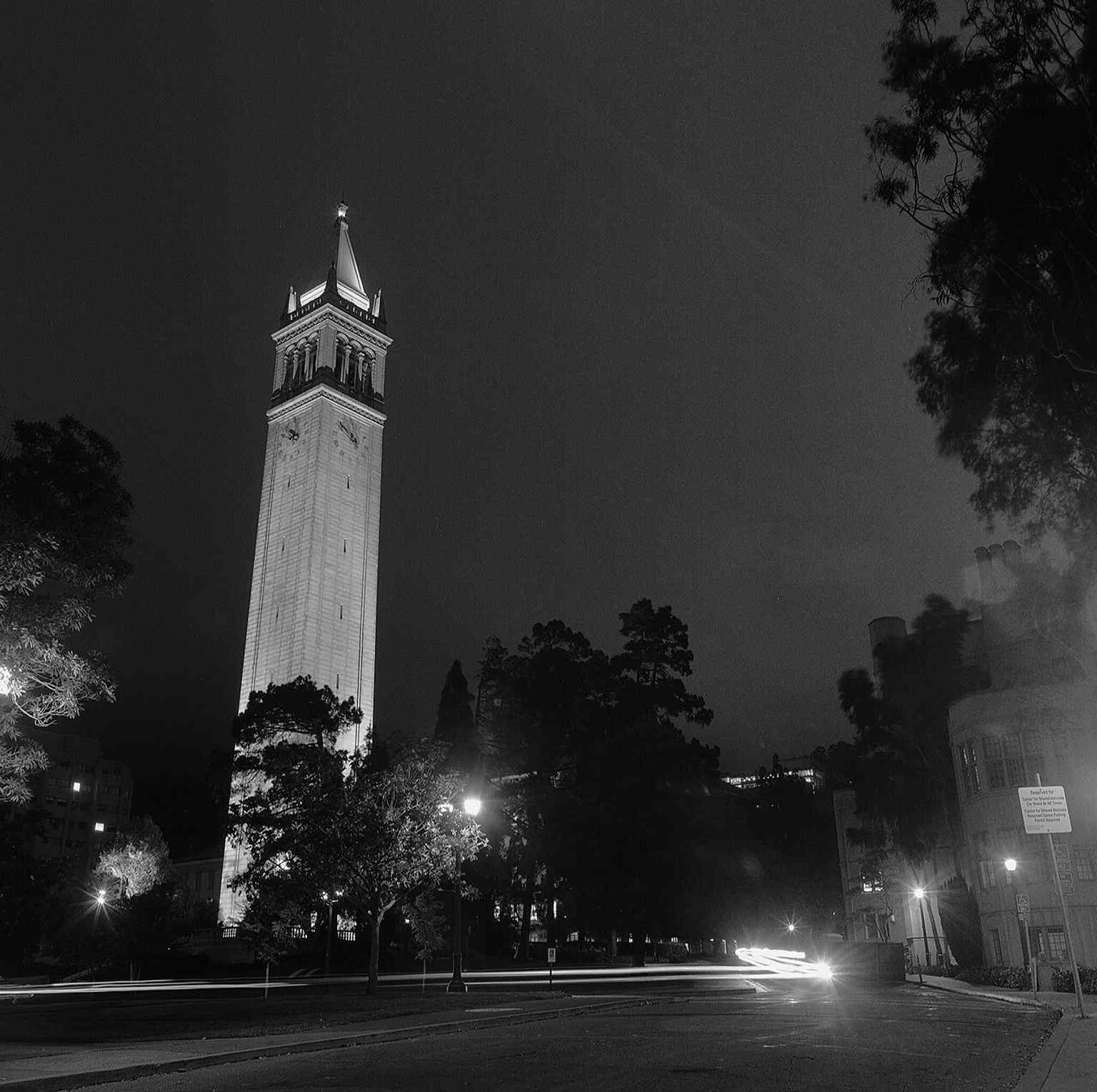 Sather Tower at night, when the illuminated bell tower stands out as one of Berkeley’s most familiar silhouettes.
