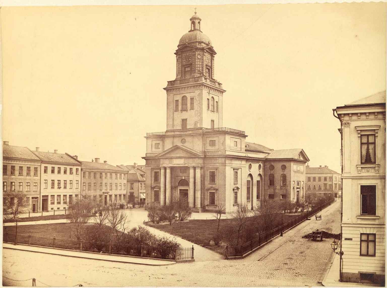 A rare historical photograph from 1873, showing Gothenburg Cathedral and its surroundings decades after the third cathedral's construction was completed.