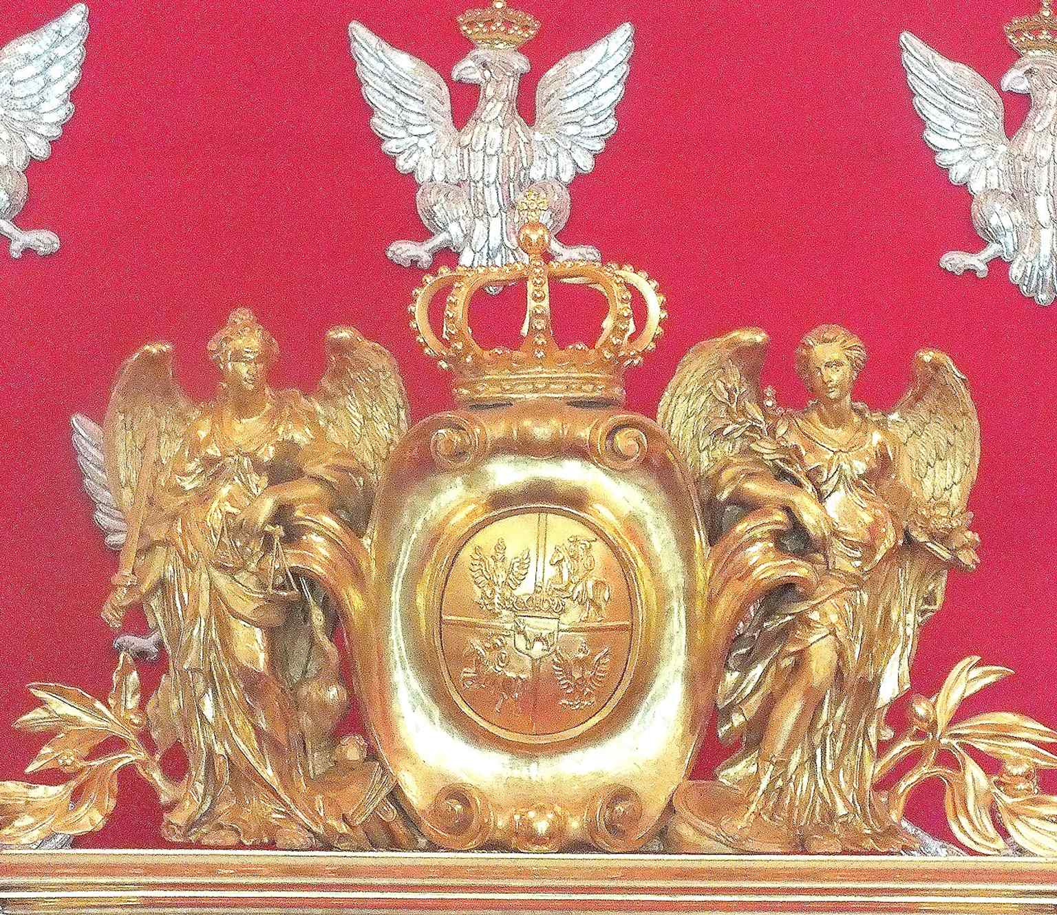 A decorative detail from the Throne Room, showing the richly restored interior finish of the late-18th-century royal apartments.