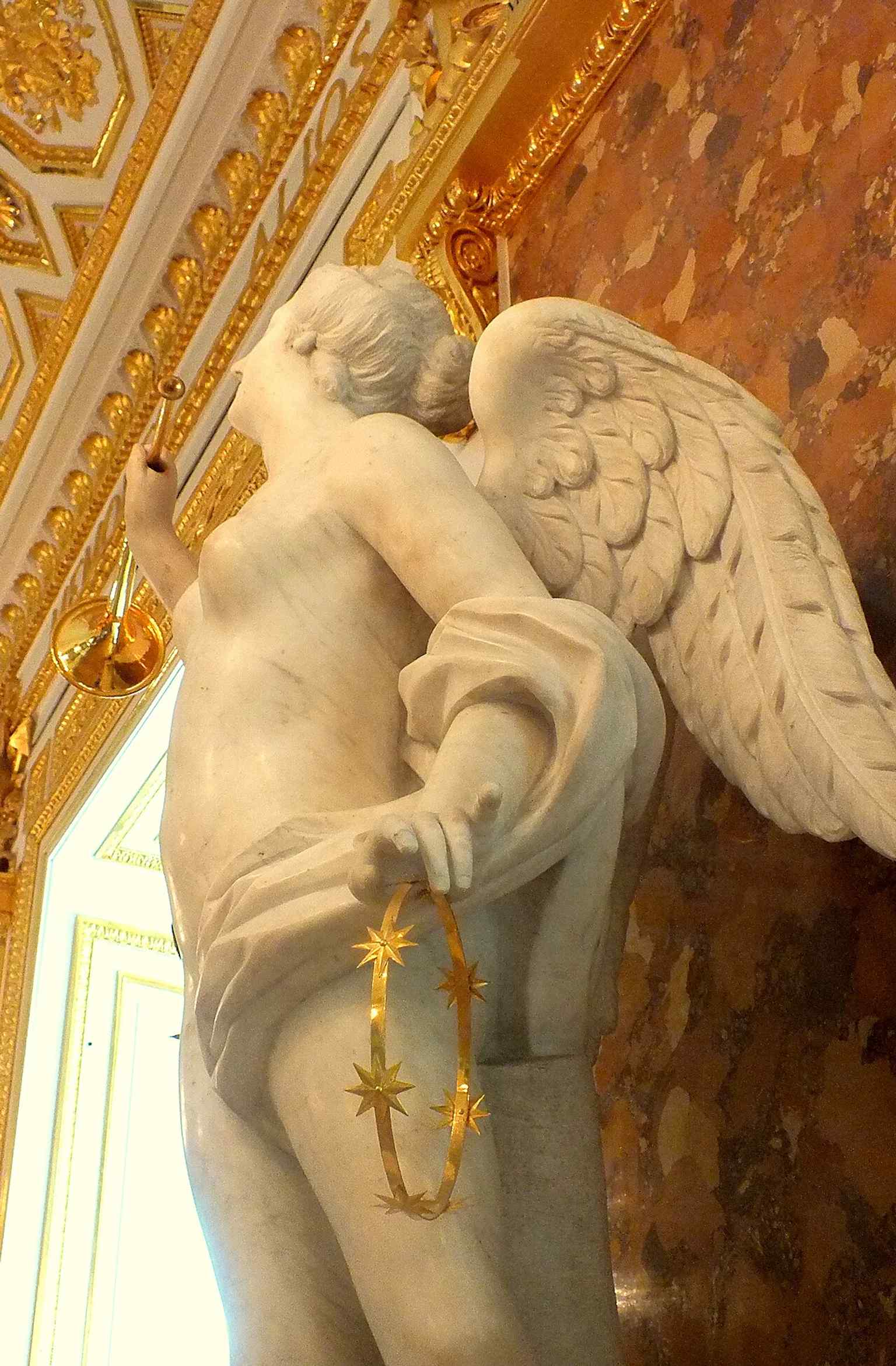 A sculpture from the Knights’ Room by André Le Brun, echoing the castle’s Enlightenment-era interior program and artistic patronage.