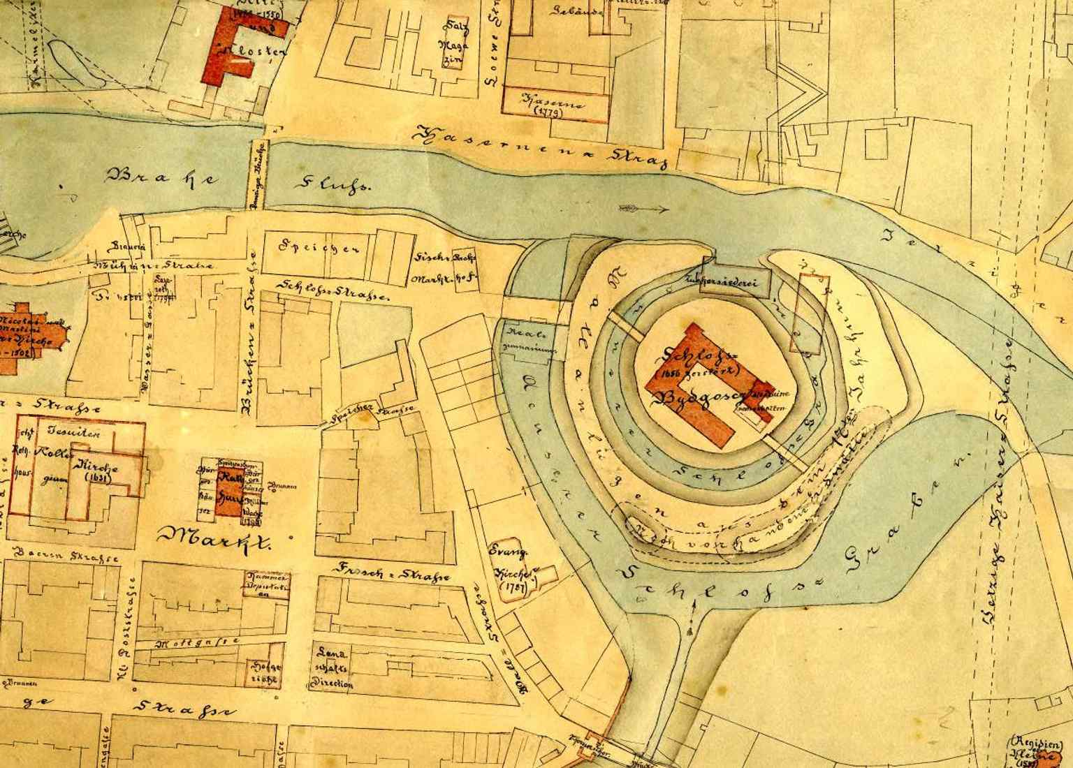 This reconstructed plan maps the castle, moat, and city layout together — a useful clue to how the fortress sat east of the medieval town.
