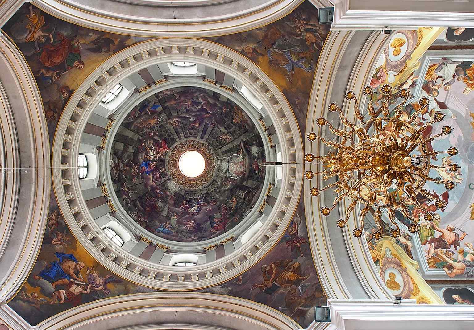 The frescoes within the cupola, painted by Matej Langus in 1843–44, depict the Holy Spirit and angels, and the glorification of Saint Nicholas, surrounded by angels and saints.