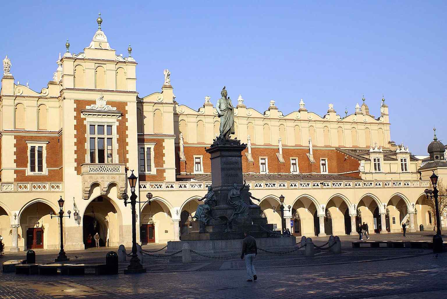 An elevated urban view of the Main Market Square and the Mickiewicz monument, showing how the statue anchors the eastern side of the market.