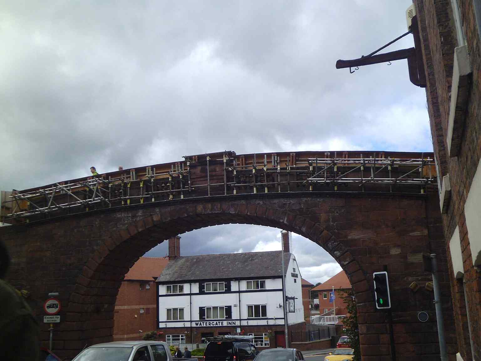 A clear front view of Watergate as it spans the road, showing the gateway that replaced the medieval gate after Chester’s siege-era damage.