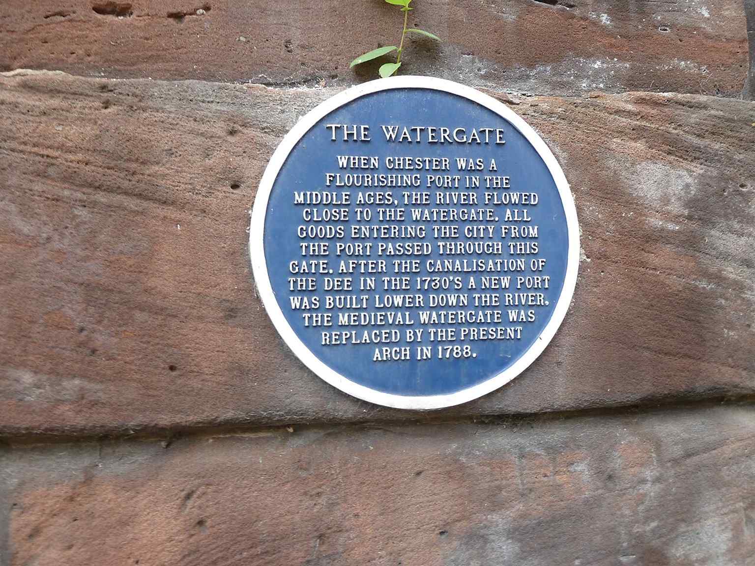 The blue plaque records Watergate’s heritage status, helping explain its place as a protected landmark in Chester.