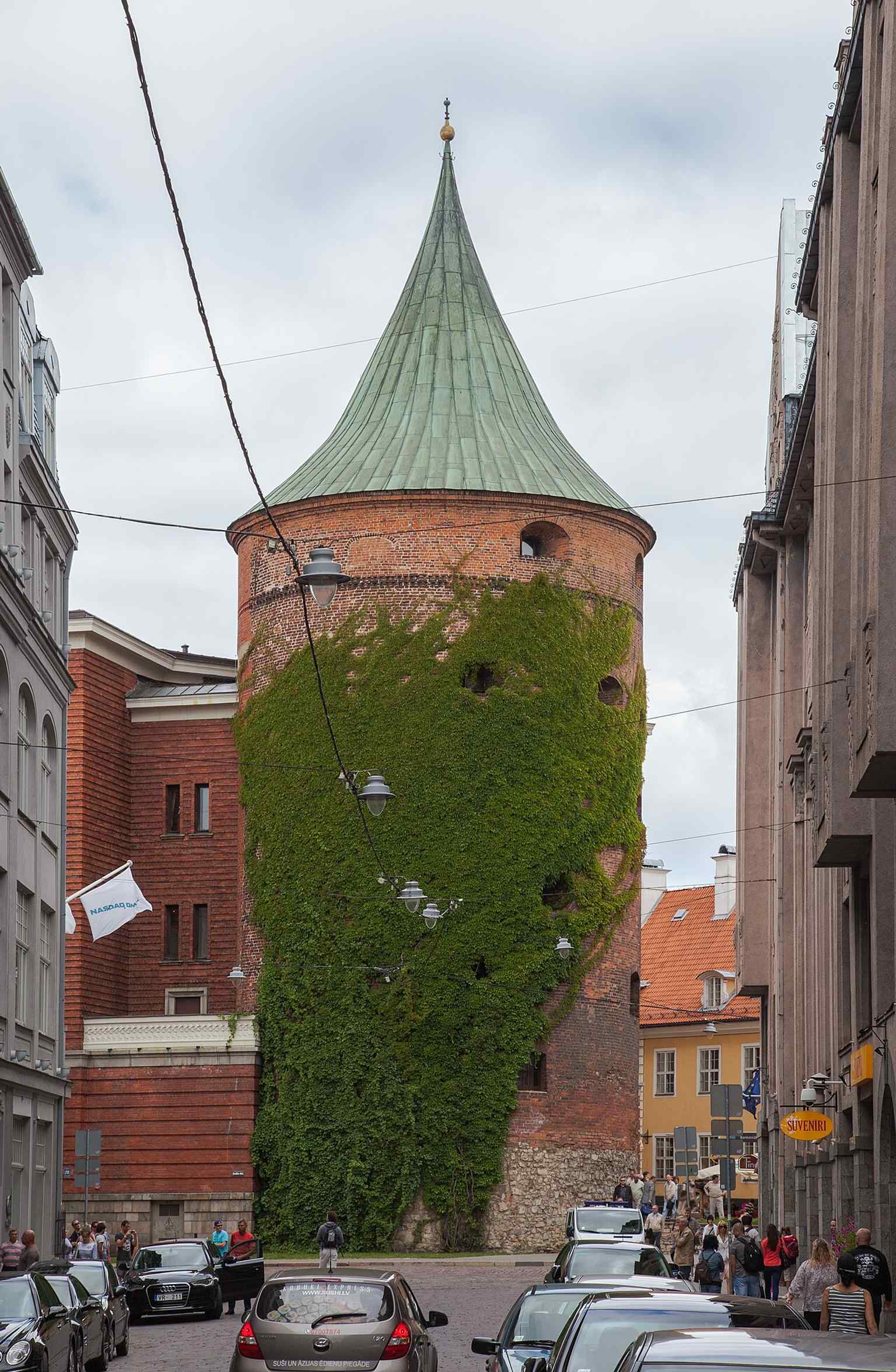 The Powder Tower’s tall medieval brick shaft, one of the few surviving pieces of Riga’s old fortifications.