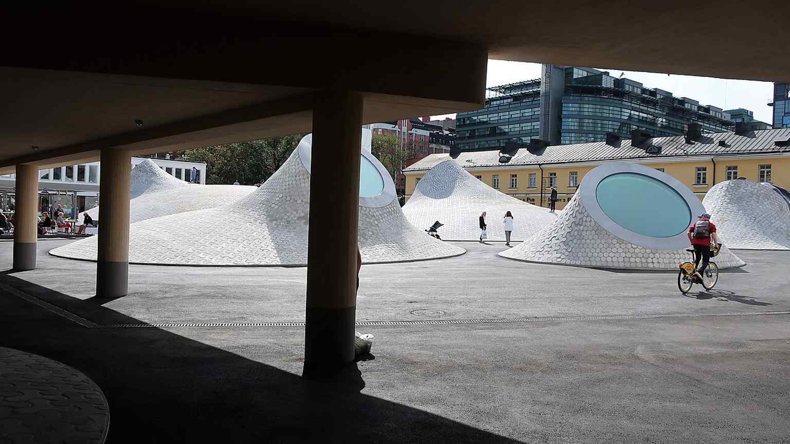 The signature domes in Amos Rex Square — the museum’s skylights that turn the plaza itself into part of the building.
