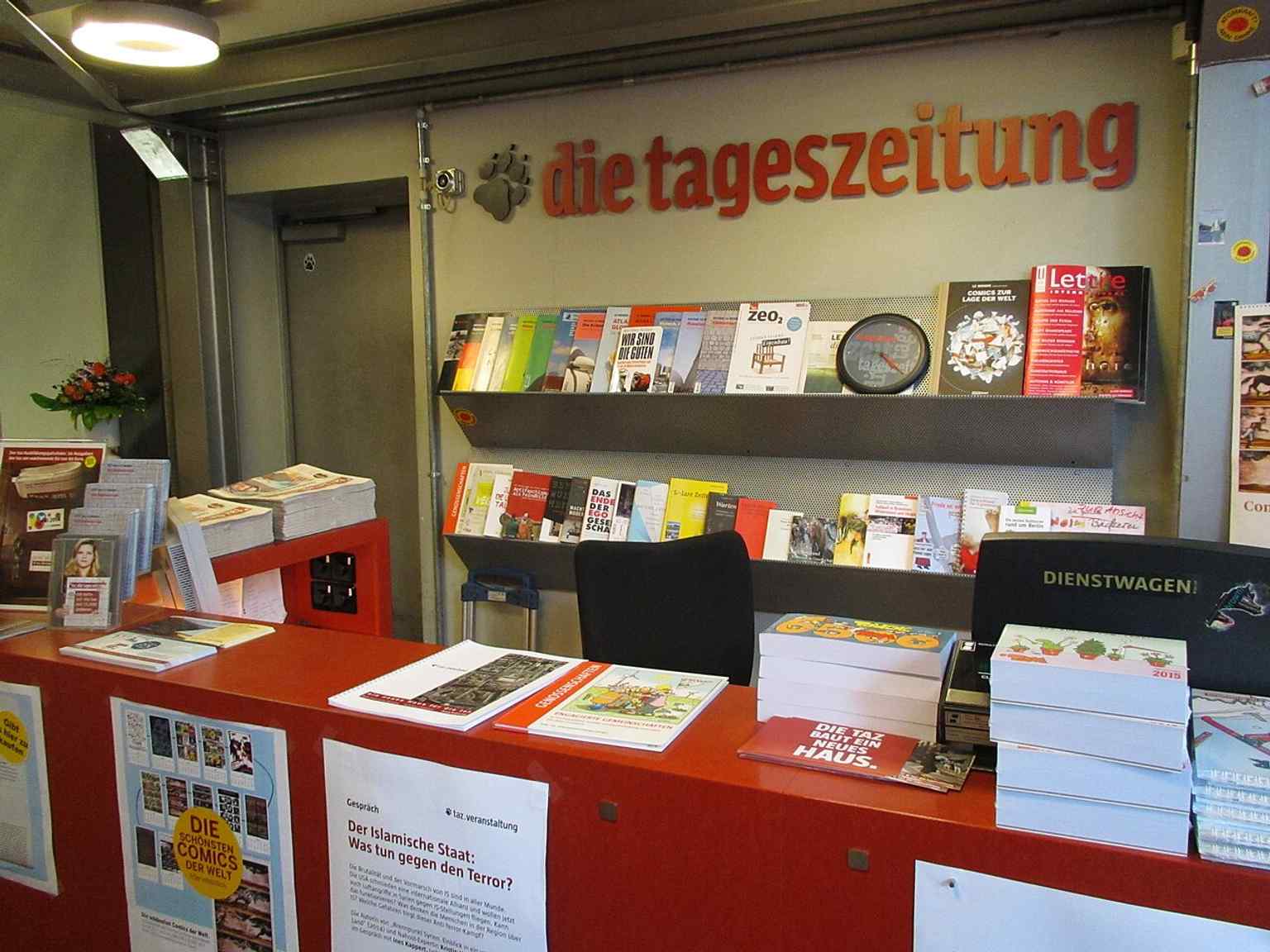 The taz shop inside the Rudi-Dutschke-Haus, the cooperative newspaper’s long-time home in Kreuzberg after it bought the historic building in 1989.