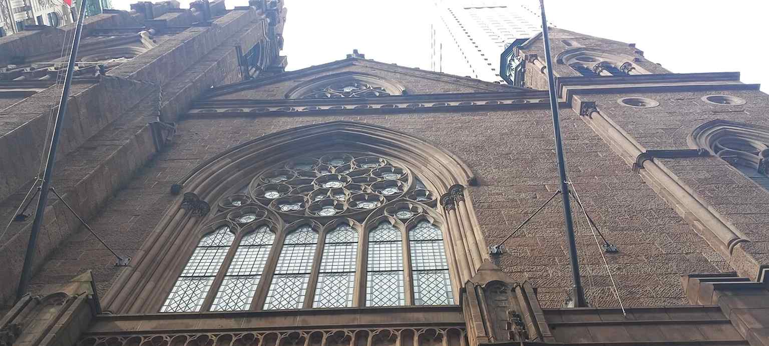 The church’s soaring Fifth Avenue facade and clock tower, home to one of New York’s rare manually wound tower clocks.