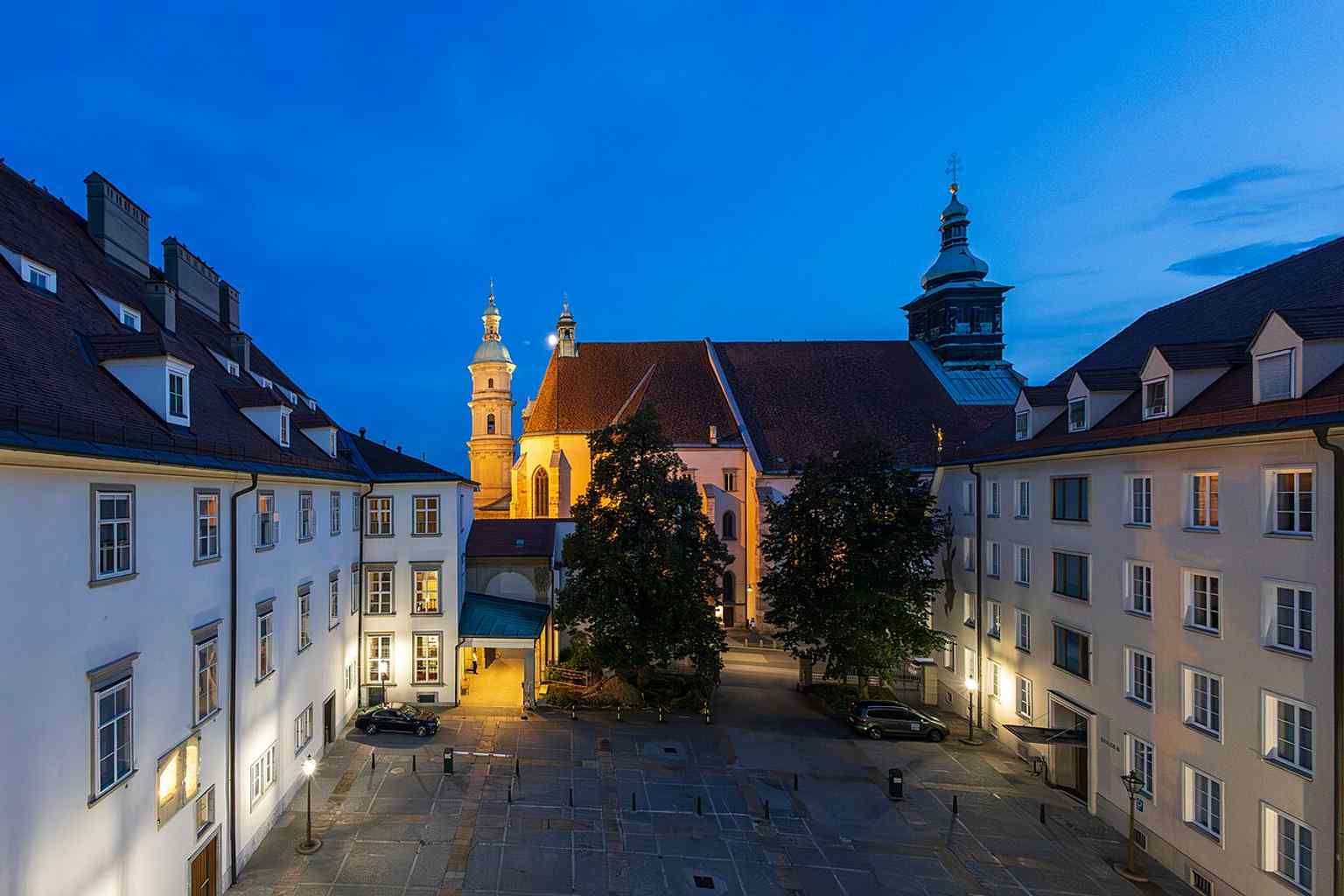 View from the Graz Castle toward the cathedral, showing how the Dom sits above the old city on elevated ground.