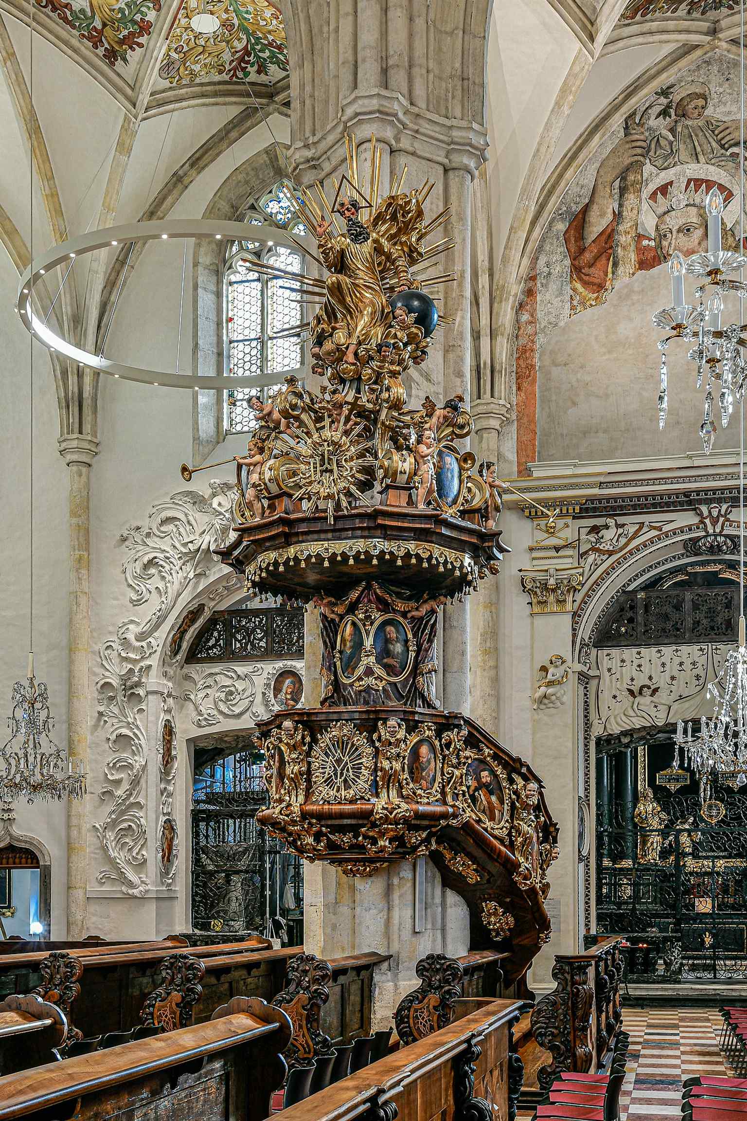 The ornate 1710 pulpit, a strong example of the Jesuit-era baroque interior that reshaped the cathedral.