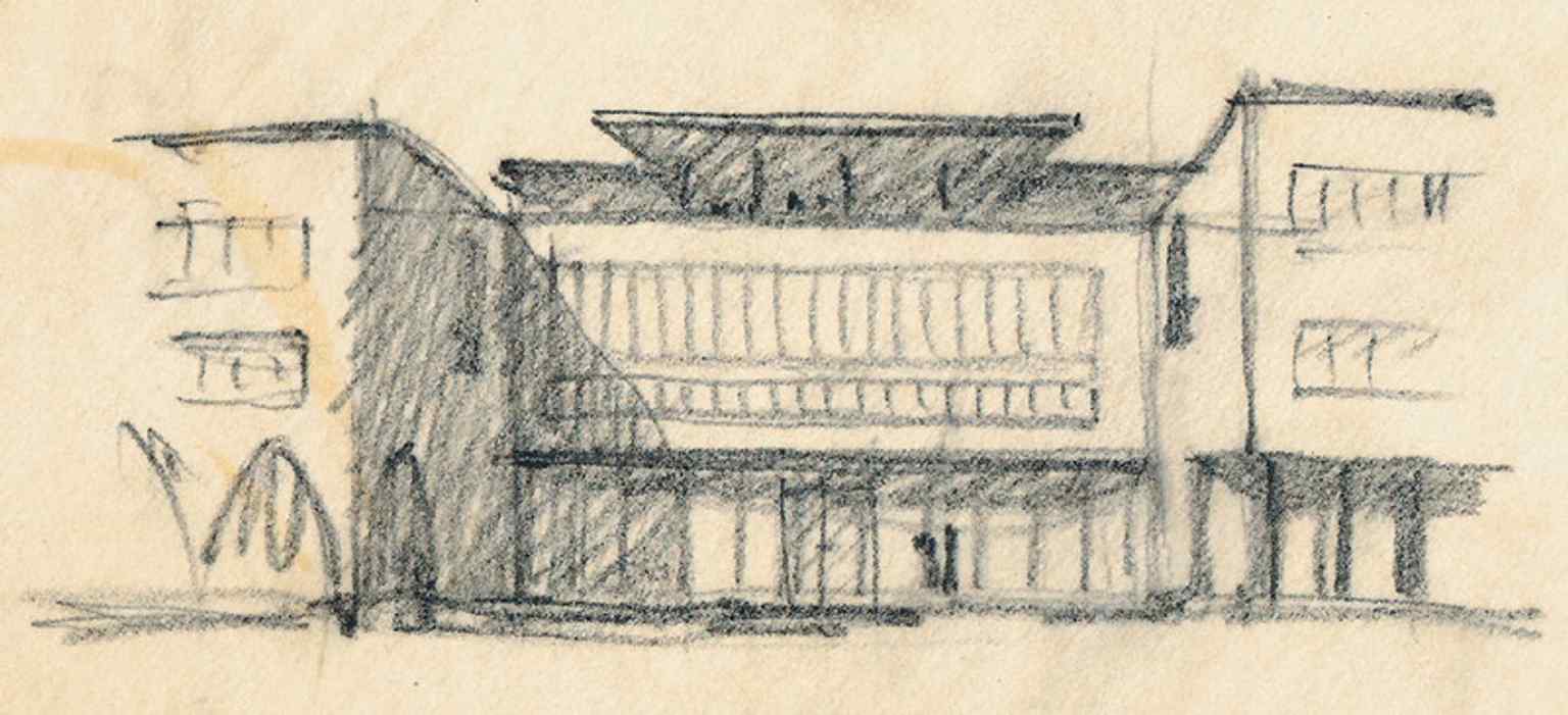 Eine historische Fotografie, die die Gro&szlig;e Aula des Karolinums w&auml;hrend der Rekonstruktion im Jahr 1937 zeigt, einen Raum, der f&uuml;r seine einzigartige Wellendecke bekannt ist, die f&uuml;r eine au&szlig;ergew&ouml;hnliche Akustik entworfen wurde.