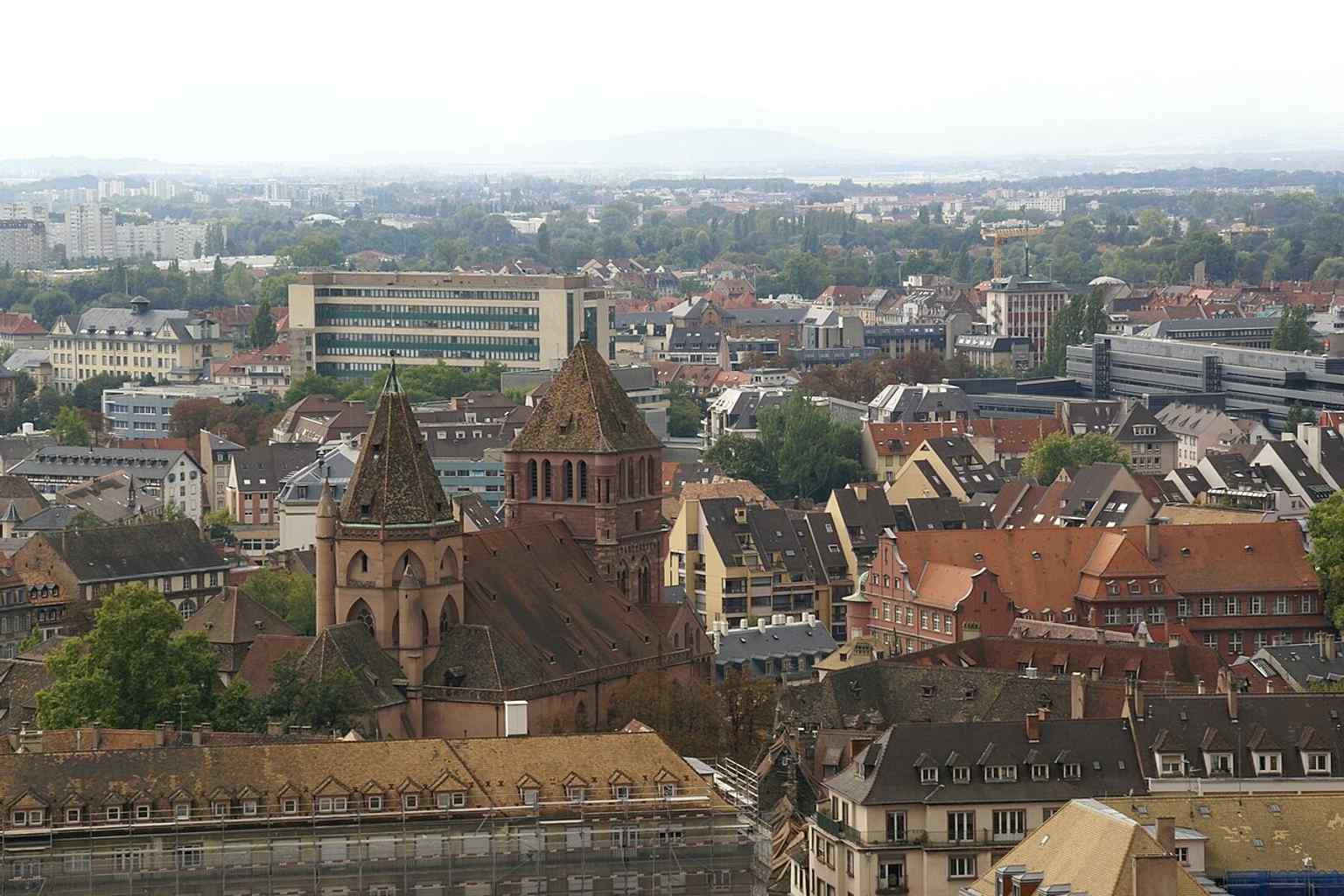 The church seen from across Strasbourg, showing its urban setting close to the cathedral and the old city center.