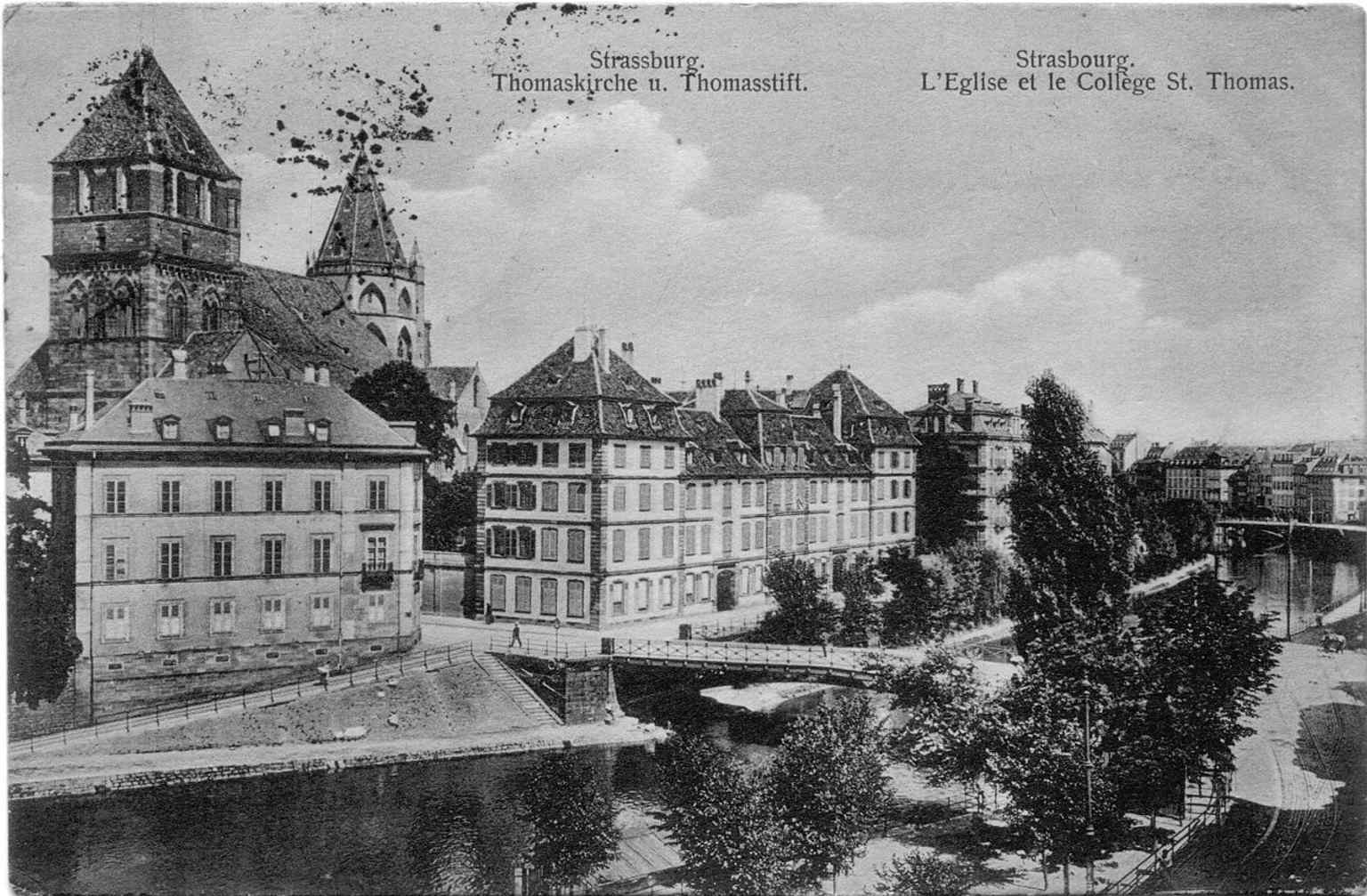 An old postcard of the Saint Thomas district, capturing the church’s historic setting before modern Strasbourg changed around it.