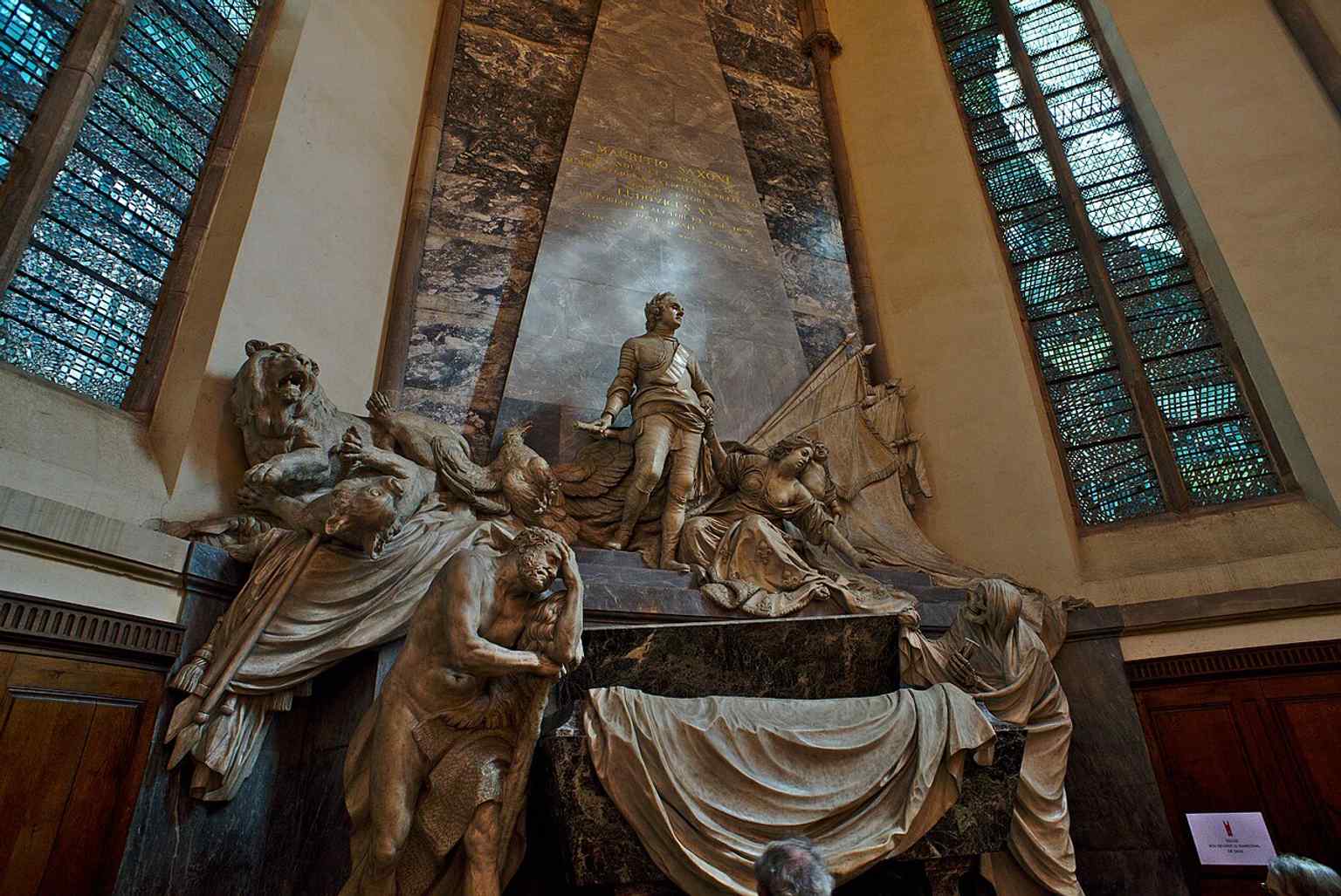 The tomb of Maurice de Saxe, the dramatic baroque monument that made this church famous beyond Alsace.