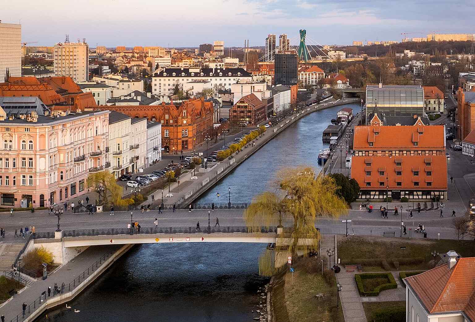 Aerial view of the bridge over the Brda, showing its position linking Old Town with the city center.