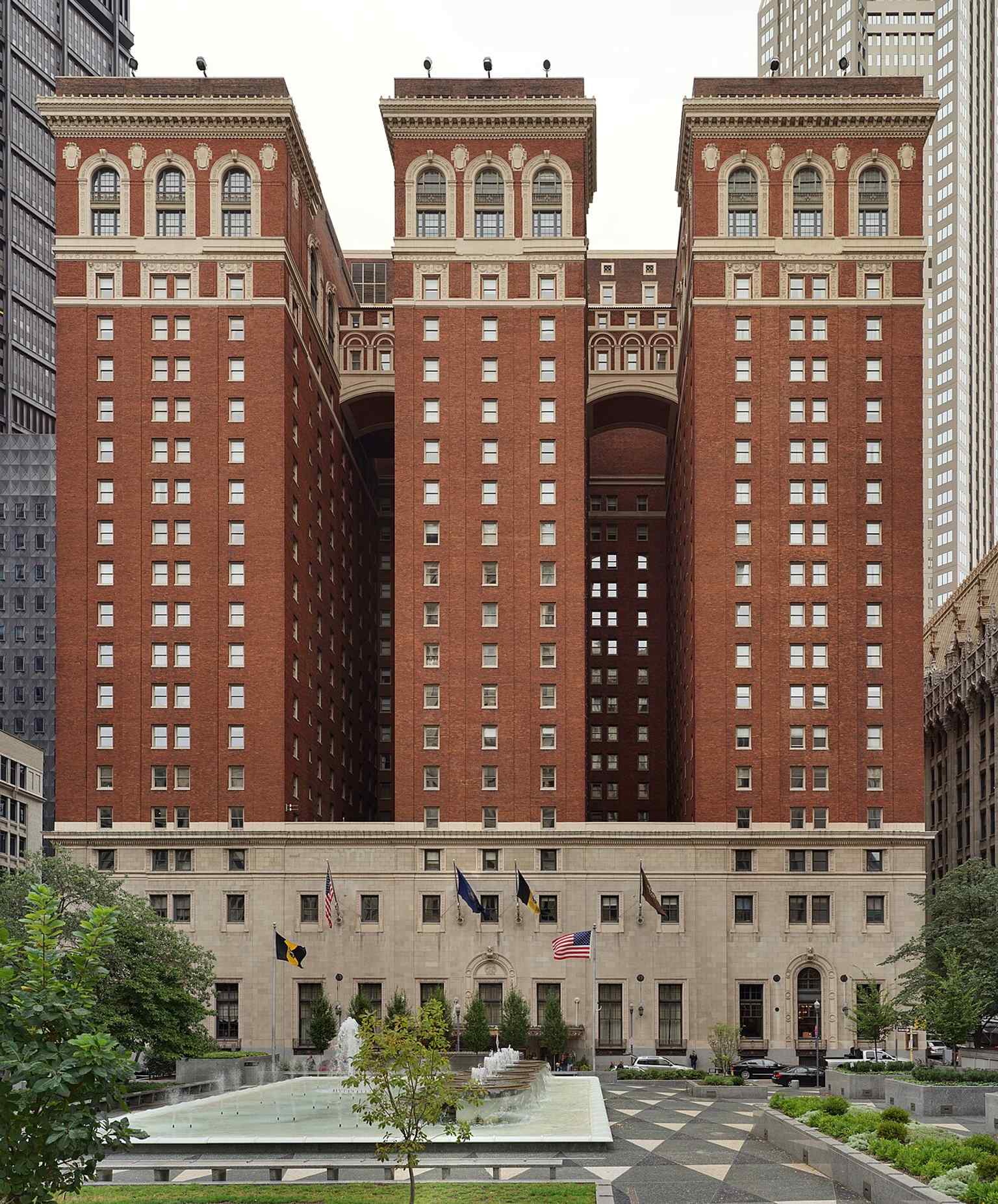 This panoramic view showcases the Omni William Penn Hotel, listed on the National Register of Historic Places in 1985.
