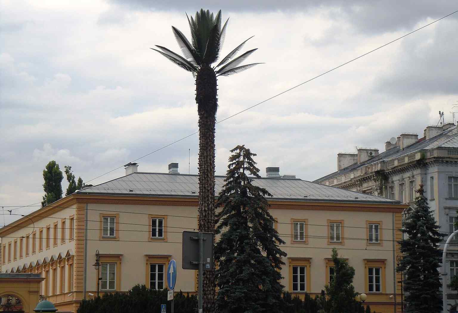 A clear, full-height view of the 15-meter artificial palm, built from plastic and natural materials.