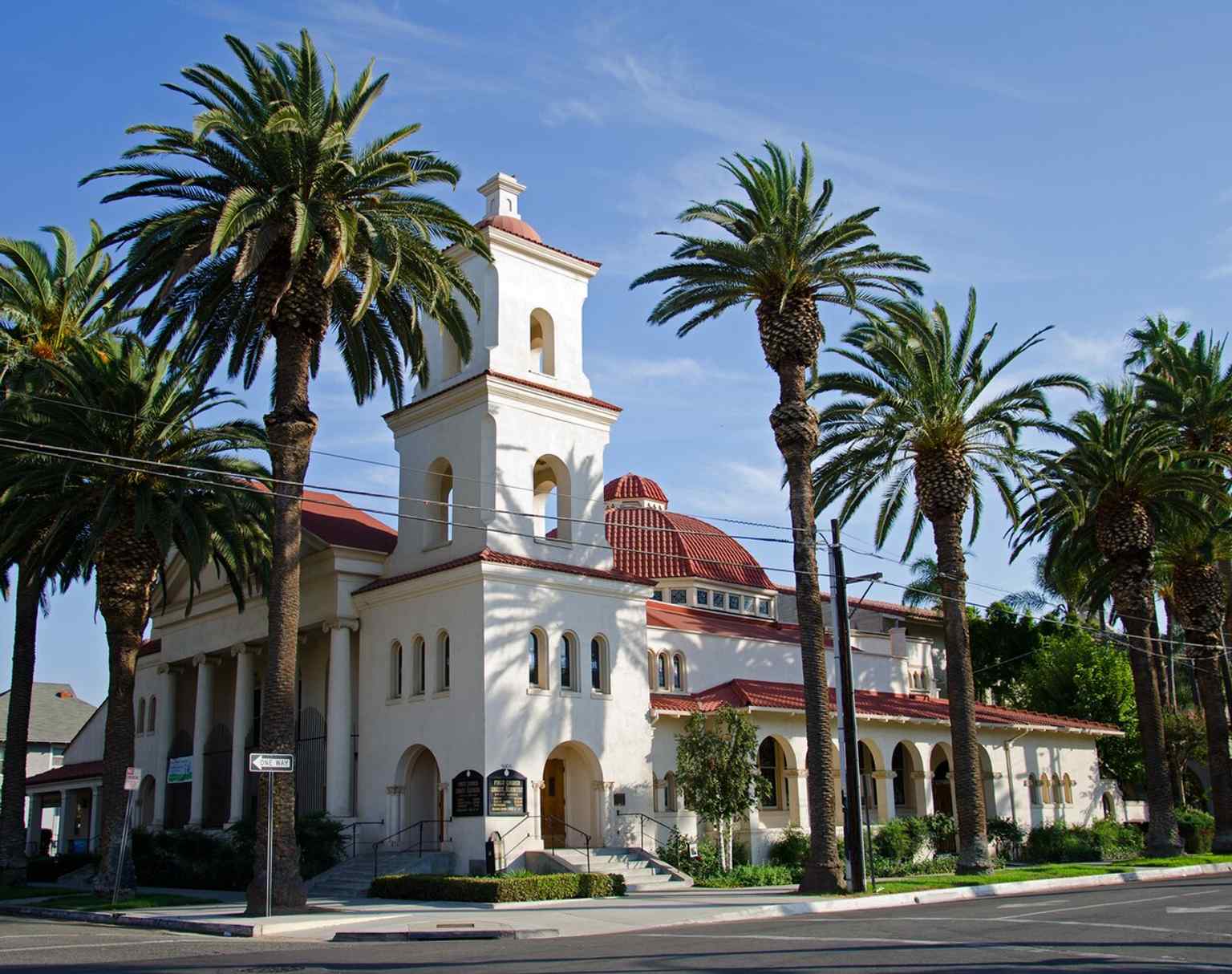 A clear view of the church’s Mission Revival façade, said to be the oldest surviving building of its style in Riverside.