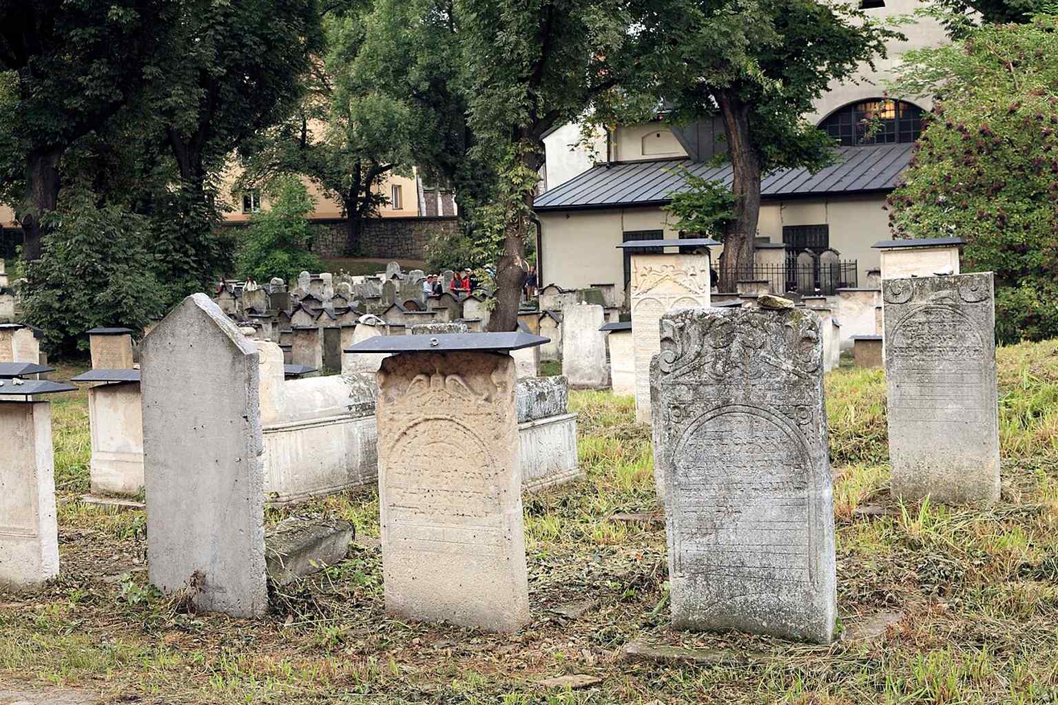 The cemetery wrapped around the Remah Synagogue, illustrating the intimate layout of one of Poland’s oldest surviving Jewish burial grounds.