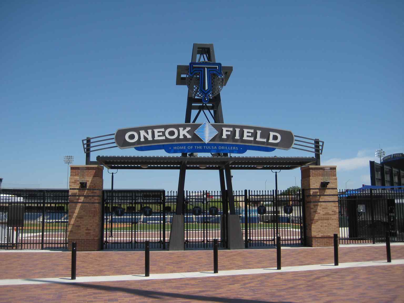 An entrance to Oneok Field, a modern baseball park designed by Populous of Kansas City, Missouri, to offer luxury amenities similar to a major-league ballpark.