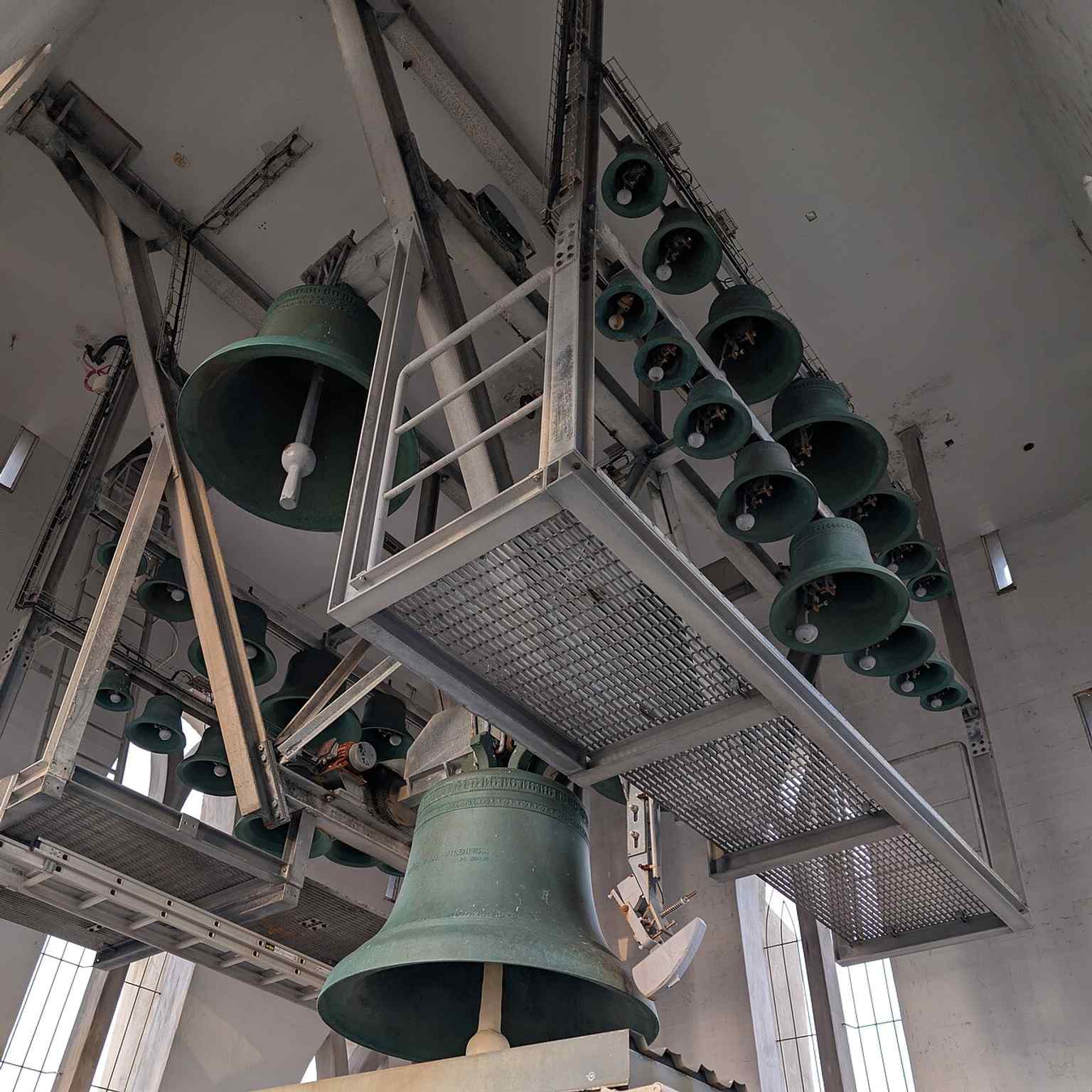 The tower bells of Hallgrímskirkja — the carillon includes 29 bells, with the largest named Hallgrímur.