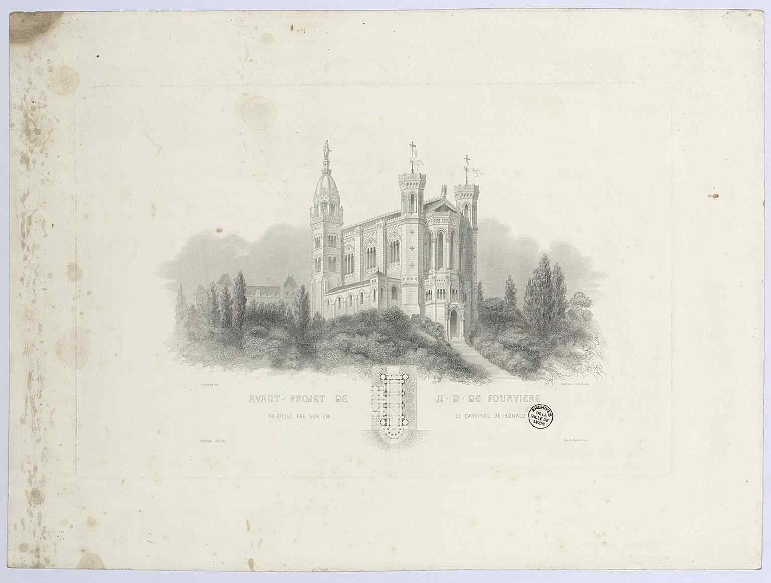 Bossan’s 1857 design drawing shows the basilica as an idea before construction, with the future sanctuary already dominating the hill above Lyon.