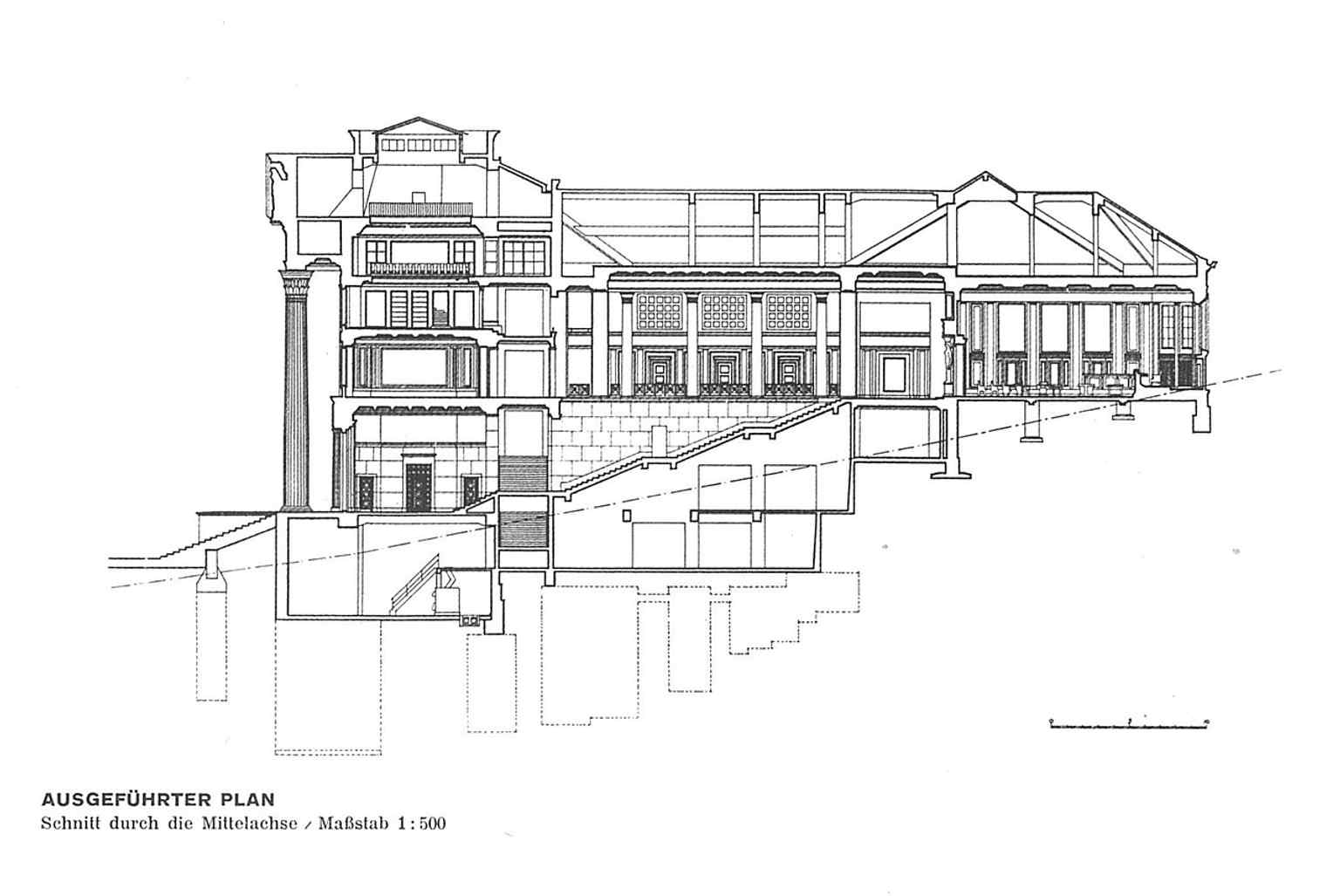 Architectural section of the 1927 Lausanne courthouse — the current Federal Supreme Court home, designed by Prince, Begin et Laverrière with every interior element planned on site.