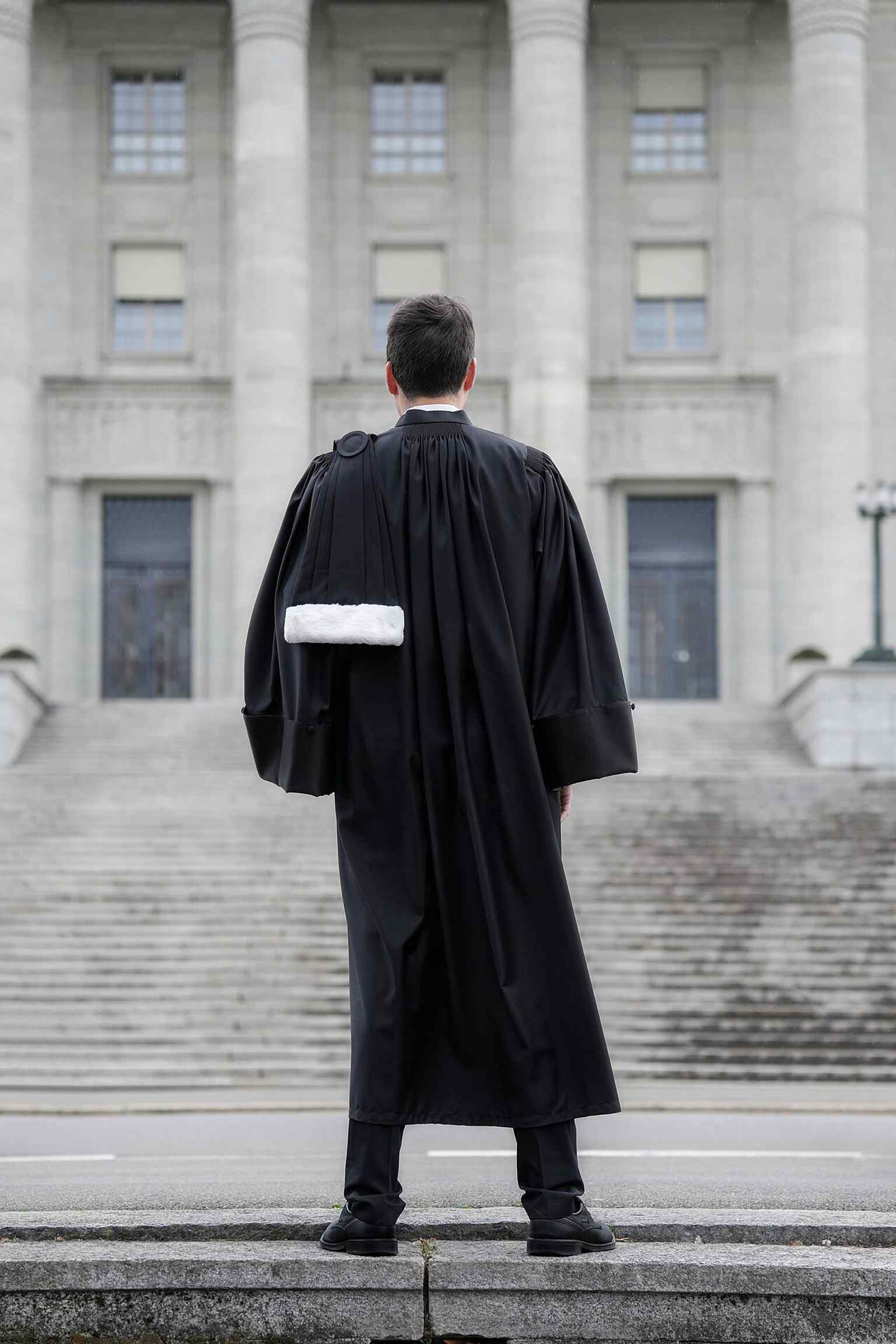 A lawyer in full court dress outside the Federal Supreme Court — a good scene for the court’s modern daily work and its open public presence.