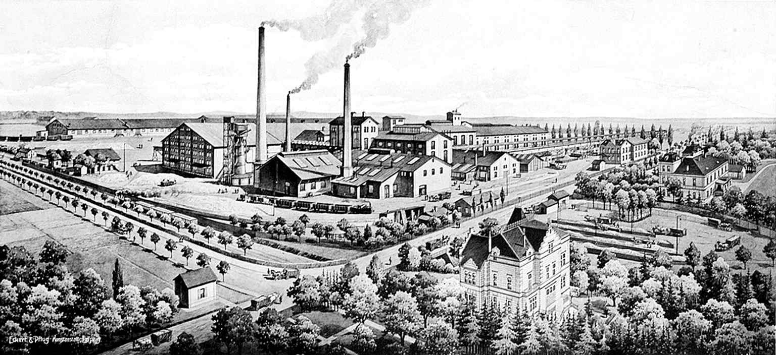This historical graphic depicts the Redlich Villa (bottom right) alongside the large sugar factory and the lower 'white' villa, all central to Hermann Redlich's industrial empire.