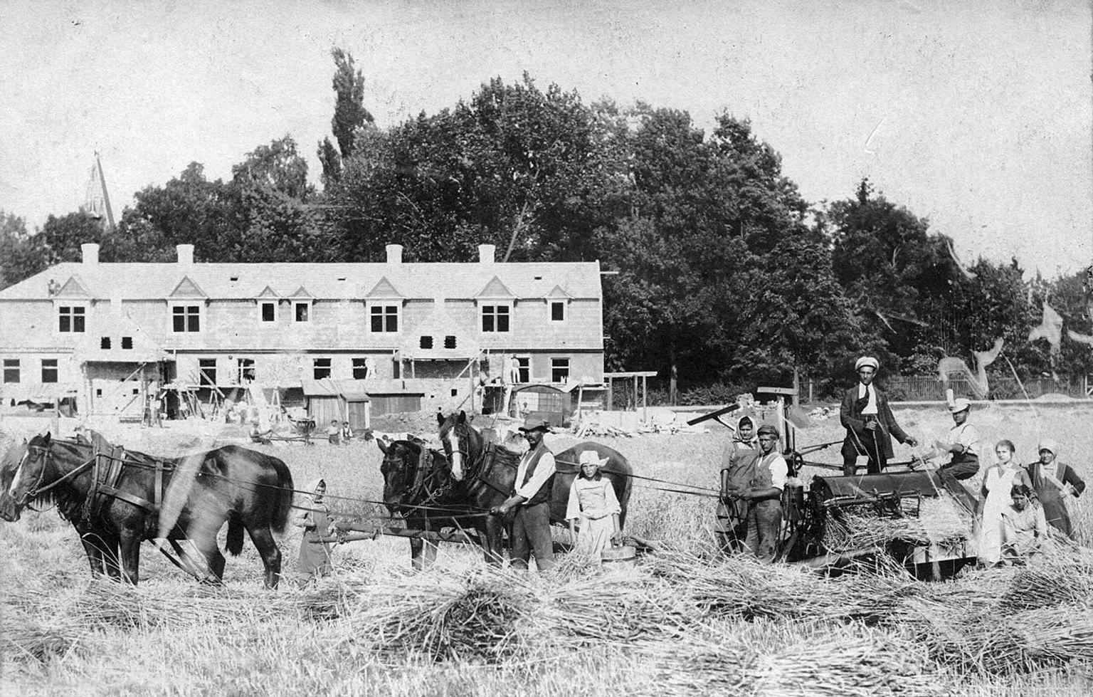 This 1922 photograph captures the construction of the worker housing colony opposite the Redlich Villa (visible in the background), highlighting the Redlich family's significant presence in Slavkov u Brna.