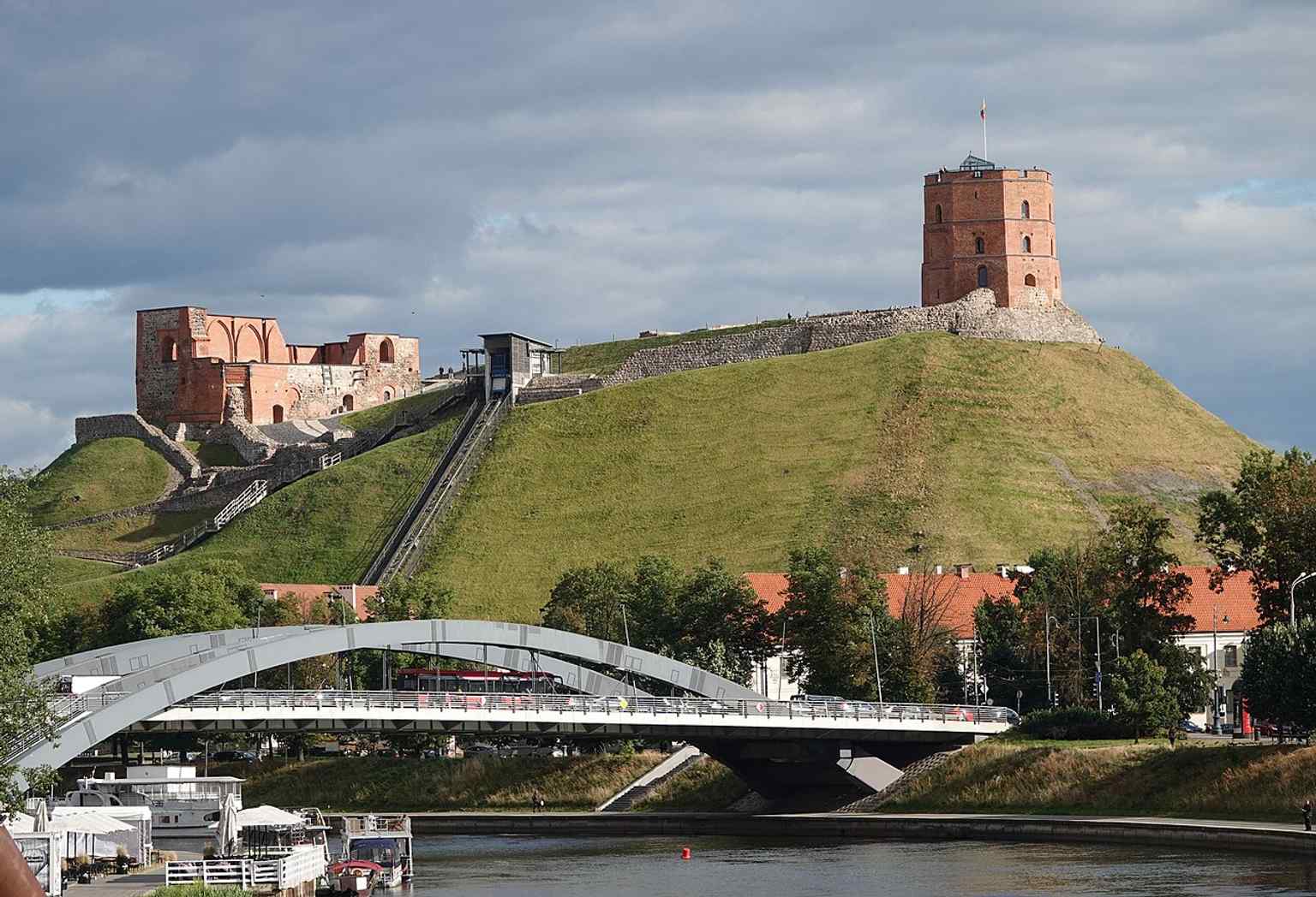 A close exterior view of Gediminas Tower, the hilltop symbol that watches over Vilnius.