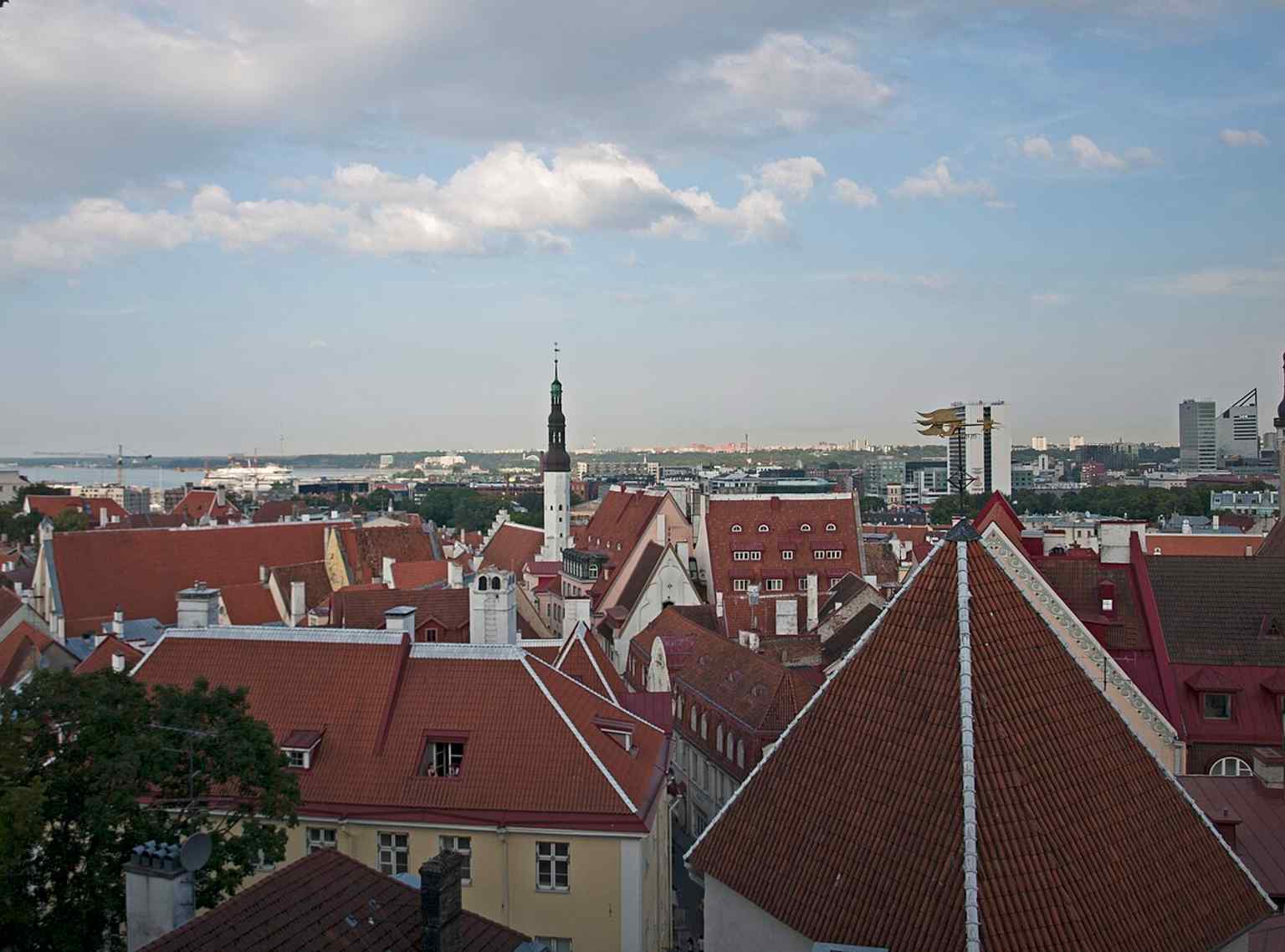 The tower seen from a high viewpoint, with nearby Old Town architecture in the foreground and the church’s spire rising over the streets.