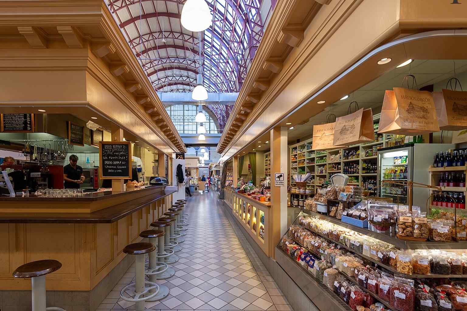 The renovated interior of Saluhallen in 2015, following a significant restoration project that took place between 2009 and 2012.
