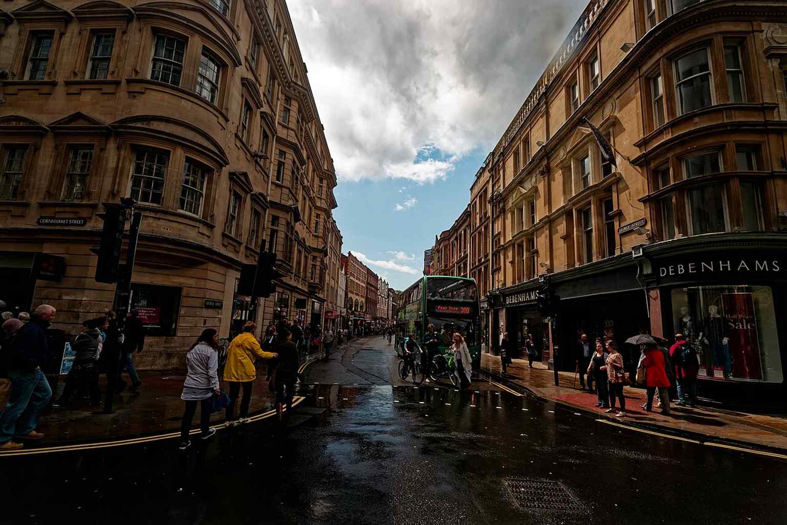 The Cornmarket junction with George Street, showing how this pedestrian precinct connects to the city centre streets around it.