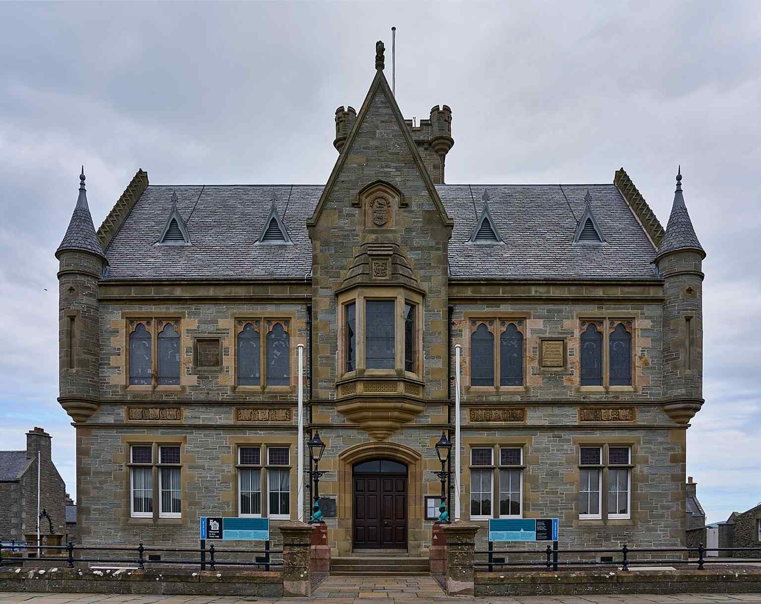 South side of the town hall showing the listed sandstone façade that has needed repeated conservation work over the years.