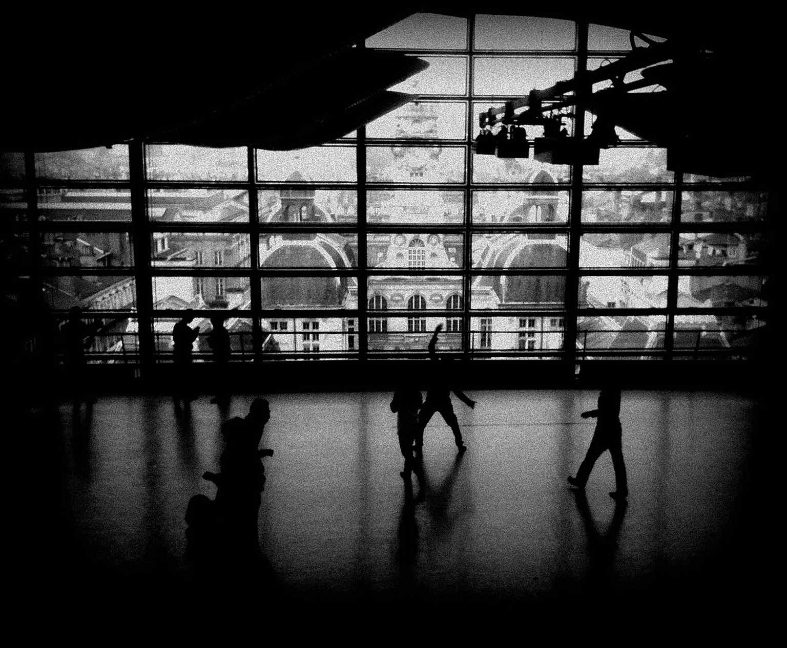 The ballet studio with a view over Hôtel de Ville, illustrating how Nouvel kept the old theatre façades while transforming the interior into a vertical performance house.