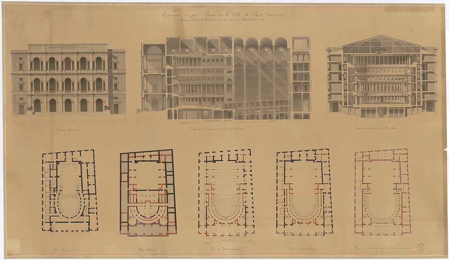 An 1826 unrealized proposal for Lyon’s Grand Théâtre, tied to the rebuilding that followed the destruction of Soufflot’s original theatre.